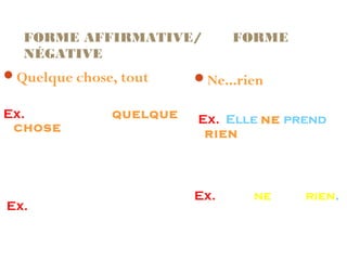 FORME AFFIRMATIVE/
NÉGATIVE
Quelque chose, tout
Ex. Elle prend quelque
chose
avant de se
coucher.

Ex. Elle boit tout.

FORME

Ne...rien
Ex. Elle ne prend
rien avant de se
coucher.

Ex. Elle ne boit rien.

 