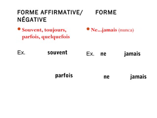 FORME AFFIRMATIVE/
NÉGATIVE
Souvent, toujours,

FORME
Ne...jamais (nunca)

parfois, quelquefois
Ex. Il prend souvent des
sodas.

Ex. Il ne prend jamais
de sodas.

Ex. Je mange parfois
dans cette pizzeria.

Ex. Je ne mange jamais
dans cette pizzeria.

 