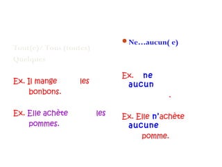 FORME
AFFIRMATIVE/
FORME NÉGATIVE
Tout(e)/ Tous (toutes)
Quelques
Ex. Il mange tous les
bonbons.
Ex. Elle achète toutes les
pommes.

Ne…aucun( e)

Ex. Il ne mange
aucun
bonbon.
Ex. Elle n’achète
aucune
pomme.

 