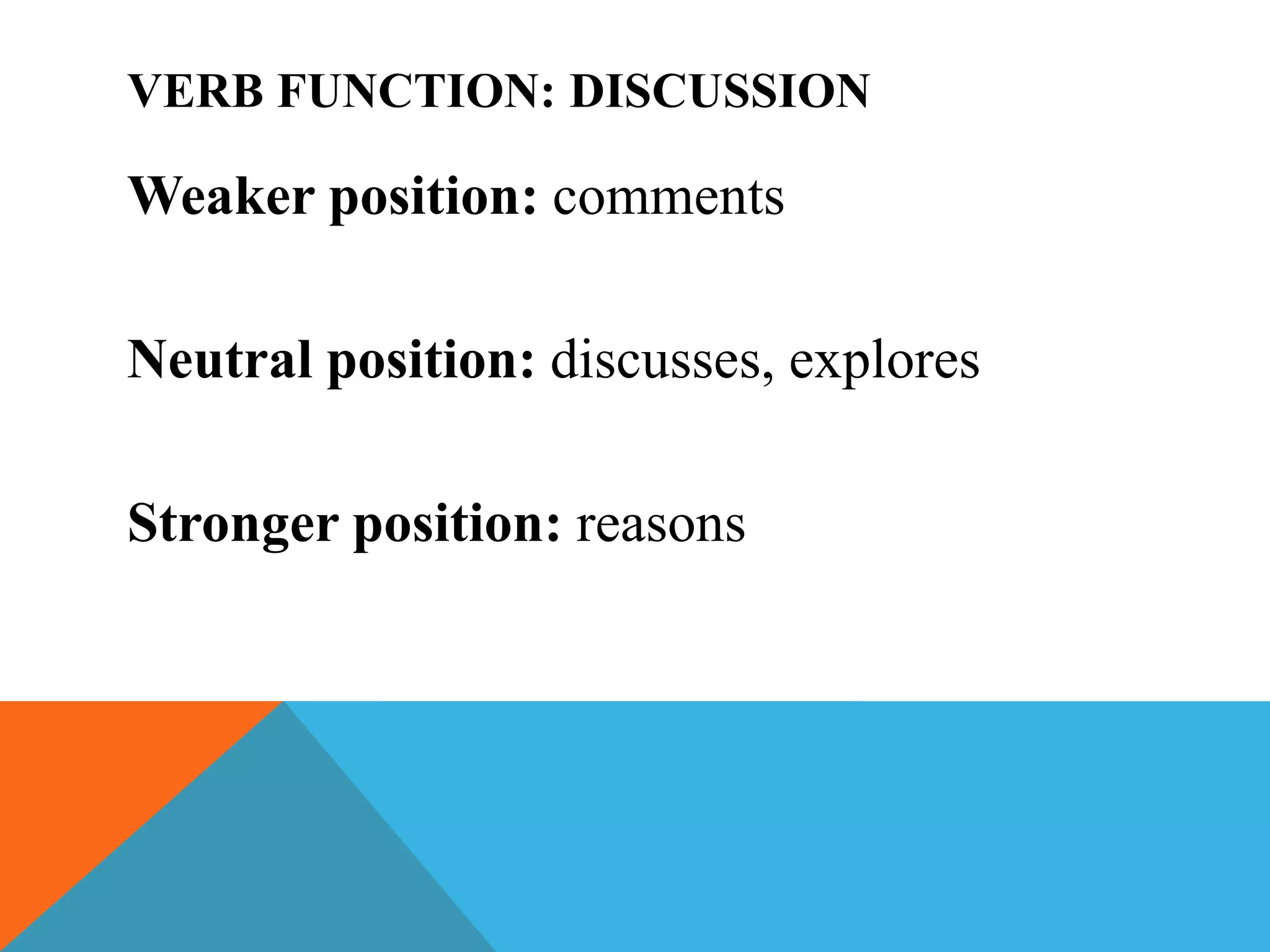 VERB FUNCTION: DISCUSSION
Weaker position: comments
Neutral position: discusses, explores
Stronger position: reasons
 