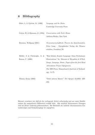 6 Bibliography
Obler, L. & Gjerlow, K. (1999) Language and the Brain.
Cambridge University Press
Calvin, W. & Ojemann, G. (1994) Conversation with Neil’s Brain.
Addison-Wesley, New York
Desnizza, Wolfgang (2001) Neurowissenschaftliche Theorie des Sprachwandels.
Peter Lang – Europ¨aischer Verlag der Wissen-
schaften, Frankfurt/M.
Mehler, J. & Christophe, A. &
Ramus, F. (2000)
”How Infants Acquire Language: Some Preliminary
Observations.” In: Marantz & Miyashita & O’Neil,
Image, Language, Brain. Papers from the ﬁrst Mind
Articulation Project Symposium.
The MIT Press, Massachusetts Institute of Technol-
ogy: 51-75
Thimm, Katja (2002) ”Geist unterm Messer.” Der Spiegel, 43/2002: 229-
234.
Hiermit versichere ich, daß ich die vorliegende Arbeit selbst¨andig und nur unter Zuhilfe-
nahme der angegebenen Hilfsmittel verfaßt habe. Alle w¨ortlich ¨ubernommen Aussagen
sind als Zitate eindeutig gekennzeichnet. Die Herkunft der indirekt ¨ubernommenen For-
mulierungen und Gedankeng¨ange ist angegeben.
12
 
