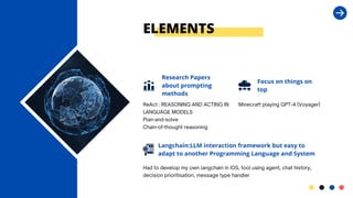 Minecraft playing GPT-4 (Voyager)
ReAct : REASONING AND ACTING IN
LANGUAGE MODELS
Plan-and-solve
Chain-of-thought reasoning
Had to develop my own langchain in iOS, tool using agent, chat history,
decision prioritisation, message type handler
ELEMENTS
Focus on things on
top
Research Papers
about prompting
methods
Langchain:LLM interaction framework but easy to
adapt to another Programming Language and System
 