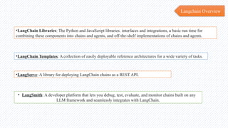 •LangChain Libraries: The Python and JavaScript libraries. interfaces and integrations, a basic run time for
combining these components into chains and agents, and off-the-shelf implementations of chains and agents.
•LangChain Templates: A collection of easily deployable reference architectures for a wide variety of tasks.
•LangServe: A library for deploying LangChain chains as a REST API.
• LangSmith: A developer platform that lets you debug, test, evaluate, and monitor chains built on any
LLM framework and seamlessly integrates with LangChain.
Langchain Overview
 
