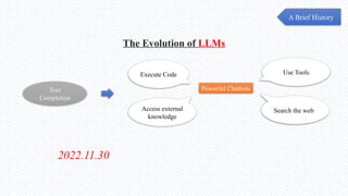 The Evolution of LLMs
A Brief History
Powerful Chatbots
Text
Completion
Execute Code
Access external
knowledge
Search the web
Use Tools
2022.11.30
 