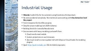 Industrial Usage
▪ Metadev builds DSLs for his customers using Essential as the base stack.
▪ No extra accidental complexity: Non-technical users working with theabstraction level
theyexpect.
▪ Form Interpreter for Workflow engines
▪ Data/Structure modeling tool (JSON-Schema)
▪ Building blocks for Lowcode/Nocode tools
▪ Environmentswith heavy modeling can benefitfrom:
▪ Cloud transformed models
▪ Custom projections on user’s browsers
▪ Zero local install (no more update hell withEclipse or Visual Studio for modeling
plugins)
▪ Quid: https://quid.metadev.pro DSL for WebComponents
 
