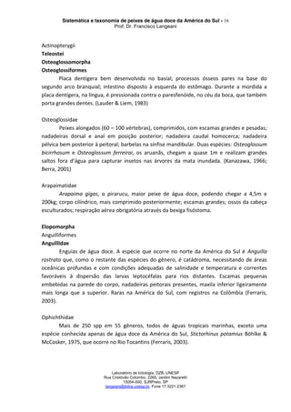 Sistemática e taxonomia de peixes de água doce da América do Sul - 16
Prof. Dr. Francisco Langeani
Laboratório de Ictiologia, DZB, UNESP
Rua Cristóvão Colombo, 2265, Jardim Nazareth
15054-000, SJRPreto, SP
langeani@ibilce.unesp.br, Fone 17 3221.2367
Actinopterygii
Teleostei
Osteoglossomorpha
Osteoglossiformes
Placa dentígera bem desenvolvida no basial; processos ósseos pares na base do
segundo arco branquial; intestino disposto à esquerda do estômago. Durante a mordida a
placa dentígera, na língua, é pressionada contra o paresfenóide, no céu da boca, que também
porta grandes dentes. (Lauder & Liem, 1983)
Osteoglossidae
Peixes alongados (60 – 100 vértebras), comprimidos, com escamas grandes e pesadas;
nadadeiras dorsal e anal em posição posterior; nadadeira caudal homocerca; nadadeira
pélvica bem posterior à peitoral; barbelas na sínfise mandibular. Duas espécies: Osteoglossum
bicirrhosum e Osteoglossum ferreirai, os aruanãs, chegam a quase 1m e realizam grandes
saltos fora d’água para capturar insetos nas árvores da mata inundada. (Kanazawa, 1966;
Berra, 2001)
Arapaimatidae
Arapaima gigas, o pirarucu, maior peixe de água doce, podendo chegar a 4,5m e
200kg; corpo cilíndrico, mais comprimido posteriormente; escamas grandes; ossos da cabeça
esculturados; respiração aérea obrigatória através da bexiga fisóstoma.
Elopomorpha
Anguilliformes
Anguillidae
Enguias de água doce. A espécie que ocorre no norte da América do Sul é Anguilla
rostrata que, como o restante das espécies do gênero, é catádroma, necessitando de áreas
oceânicas profundas e com condições adequadas de salinidade e temperatura e correntes
favoráveis à dispersão das larvas leptocéfalas para rios distantes. Escamas pequenas
embebidas na parede do corpo, nadadeiras peitorais presentes, maxila inferior ligeiramente
mais longa que a superior. Raras na América do Sul, com registros na Colômbia (Ferraris,
2003).
Ophichthidae
Mais de 250 spp em 55 gêneros, todos de águas tropicais marinhas, exceto uma
espécie conhecida apenas de água doce da América do Sul, Stictorhinus potamius Böhlke &
McCosker, 1975, que ocorre no Rio Tocantins (Ferraris, 2003).
 