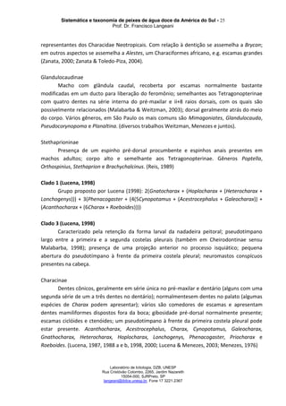Sistemática e taxonomia de peixes de água doce da América do Sul - 25
Prof. Dr. Francisco Langeani
Laboratório de Ictiologia, DZB, UNESP
Rua Cristóvão Colombo, 2265, Jardim Nazareth
15054-000, SJRPreto, SP
langeani@ibilce.unesp.br, Fone 17 3221.2367
representantes dos Characidae Neotropicais. Com relação à dentição se assemelha a Brycon;
em outros aspectos se assemelha a Alestes, um Characiformes africano, e.g. escamas grandes
(Zanata, 2000; Zanata & Toledo-Piza, 2004).
Glandulocaudinae
Macho com glândula caudal, recoberta por escamas normalmente bastante
modificadas em um ducto para liberação do feromônio; semelhantes aos Tetragonopterinae
com quatro dentes na série interna do pré-maxilar e ii+8 raios dorsais, com os quais são
possivelmente relacionados (Malabarba & Weitzman, 2003); dorsal geralmente atrás do meio
do corpo. Vários gêneros, em São Paulo os mais comuns são Mimagoniates, Glandulocauda,
Pseudocorynopoma e Planaltina. (diversos trabalhos Weitzman, Menezes e juntos).
Stethaprioninae
Presença de um espinho pré-dorsal procumbente e espinhos anais presentes em
machos adultos; corpo alto e semelhante aos Tetragonopterinae. Gêneros Poptella,
Orthospinius, Stethaprion e Brachychalcinus. (Reis, 1989)
Clado 1 (Lucena, 1998)
Grupo proposto por Lucena (1998): 2(Gnatocharax + (Hoplocharax + (Heterocharax +
Lonchogenys))) + 3(Phenacogaster + (4(5Cynopotamus + (Acestrocephalus + Galeocharax)) +
(Acanthocharax + (6Charax + Roeboides))))
Clado 3 (Lucena, 1998)
Caracterizado pela retenção da forma larval da nadadeira peitoral; pseudotímpano
largo entre a primeira e a segunda costelas pleurais (também em Cheirodontinae sensu
Malabarba, 1998); presença de uma projeção anterior no processo isquiático; pequena
abertura do pseudotímpano à frente da primeira costela pleural; neuromastos conspícuos
presentes na cabeça.
Characinae
Dentes cônicos, geralmente em série única no pré-maxilar e dentário (alguns com uma
segunda série de um a três dentes no dentário); normalmentesem dentes no palato (algumas
espécies de Charax podem apresentar); vários são comedores de escamas e apresentam
dentes mamiliformes dispostos fora da boca; gibosidade pré-dorsal normalmente presente;
escamas ciclóides e ctenóides; um pseudotímpano à frente da primeira costela pleural pode
estar presente. Acanthocharax, Acestrocephalus, Charax, Cynopotamus, Galeocharax,
Gnathocharax, Heterocharax, Hoplocharax, Lonchogenys, Phenacogaster, Priocharax e
Roeboides. (Lucena, 1987, 1988 a e b, 1998, 2000; Lucena & Menezes, 2003; Menezes, 1976)
 