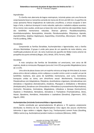 Sistemática e taxonomia de peixes de água doce da América do Sul - 32
Prof. Dr. Francisco Langeani
Laboratório de Ictiologia, DZB, UNESP
Rua Cristóvão Colombo, 2265, Jardim Nazareth
15054-000, SJRPreto, SP
langeani@ibilce.unesp.br, Fone 17 3221.2367
Aspredinidae
É a família mais aberrante de bagres neotropicais, incluindo peixes com uma forma de
corpo bastante bizarra e tamanhos variando de menos de 20 mm até 420 mm. A superfície do
corpo apresenta fileiras longitudinais de tubérculos unculíferos; a cintura escapular é bem
larga e forte, a abertura branquial é muito reduzida; opérculo e nadadeira adiposa ausentes;
10 ou menos raios caudais, sendo que as bases dos raios mais externos são expandidas; bases
dos barbilhões mentonianos reduzidas. Diversos gêneros: Pseudobunocephalus,
Acanthobunocephalus, Bunocephalus, Amaralia, Pterobunocephalus, Platystacus, Aspredo,
Aspredinichthys, Xyliphius Hoplomyzon, Dupoichthys, Ernstichthys, Micromyzon. (Friel, 1994;
Friel & Lundberg, 1996)
Doradoidea
Compreende as famílias Doradidae, Auchenipteridae e Ageneiosidae, mais a família
africana Mochokidae. O grupo é unido pela posse de um aparelho de mola elástica, uma
modificação produtora de som do ramo muleriano do aparelho de Weber (ramo anterior da
parapófise da quarta vértebra).(Regan, 1911; Britski, 1972; Ferraris, 1988)
Doradidae
A mais conspícua das famílias de Doradoidea sul americanos, com cerca de 80
espécies, desde os minúsculos Physopyxis (cerca de 3 mm CP) aos grandes Megalodoras (cerca
de 1 m CP).
Uma série de placas ósseas com um espinho retrorso ao longo da linha lateral; às vezes
placas entre a dorsal e adiposa, entre a adiposa e a caudal e entre a anal e a caudal; um par de
barbilhões maxilares, dois pares de barbilhões mentonianos, anal curta; membranas
branquiais unidas ao ístmo; sem dimorfismo sexual. Wertheimeria, Franciscodoras,
Platydoradinae com Kalyptodoras, Platydoras, Acanthodoras e Agamyxis, Astrodoradinae com
Astrodoras e Hypodoras (Astrodoradini), Anadoras, Physopyxis e Amblydoras e Merodoras
(Amblydoradini), Doradinae com Orinocodoras e Rhinodoras (e provavelmente Rhynchodoras),
Centrochir, Pterodoras, Centrodoras, Megalodoras, Lithodoras e Doraops (Centrochirini),
Oxydoras e Petalodoras, Nemadoras, Stenodoras e Trachydoras (Trachydoradina), Doras,
Hassar, Opsodoras, Hemidoras, Anduzedoras e Leptodoras (Doradina). (Eigenmann, 1925;
Higuchi, 1992)
Auchenipteridae (incluindo Centromochlidae e Ageneiosidae)
Família constituída por aproximadamente 20 gêneros e 70 espécies amplamente
distribuídas na América do Sul. Pseudauchenipterus inclui alguns dos poucos siluriformes
tolerantes à água salobra e salgada. Alguns (e.g. Trachycorystes) comem frutos (Goulding,
1980) e outros (e.g. Auchenipterus) predam insetos e crustáceos (Menezes, 1949).
 