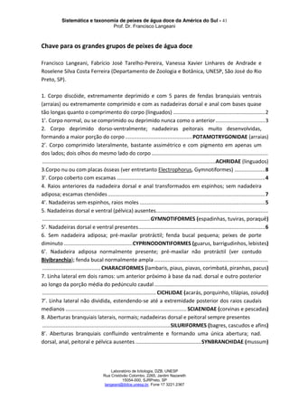 Sistemática e taxonomia de peixes de água doce da América do Sul - 41
Prof. Dr. Francisco Langeani
Laboratório de Ictiologia, DZB, UNESP
Rua Cristóvão Colombo, 2265, Jardim Nazareth
15054-000, SJRPreto, SP
langeani@ibilce.unesp.br, Fone 17 3221.2367
Chave para os grandes grupos de peixes de água doce
Francisco Langeani, Fabrício José Tarelho-Pereira, Vanessa Xavier Linhares de Andrade e
Roselene Silva Costa Ferreira (Departamento de Zoologia e Botânica, UNESP, São José do Rio
Preto, SP).
1. Corpo discóide, extremamente deprimido e com 5 pares de fendas branquiais ventrais
(arraias) ou extremamente comprimido e com as nadadeiras dorsal e anal com bases quase
tão longas quanto o comprimento do corpo (linguados) ...............................................................2
1’. Corpo normal, ou se comprimido ou deprimido nunca como o anterior..................................3
2. Corpo deprimido dorso-ventralmente; nadadeiras peitorais muito desenvolvidas,
formando a maior porção do corpo ..............................................POTAMOTRYGONIDAE (arraias)
2’. Corpo comprimido lateralmente, bastante assimétrico e com pigmento em apenas um
dos lados; dois olhos do mesmo lado do corpo................................................................................
.......................................................................................................................ACHRIDAE (linguados)
3.Corpo nu ou com placas ósseas (ver entretanto Electrophorus, Gymnotiformes) .....................8
3’. Corpo coberto com escamas ......................................................................................................4
4. Raios anteriores da nadadeira dorsal e anal transformados em espinhos; sem nadadeira
adiposa; escamas ctenóides............................................................................................................7
4’. Nadadeiras sem espinhos, raios moles ......................................................................................5
5. Nadadeiras dorsal e ventral (pélvica) ausentes.............................................................................
..........................................................................GYMNOTIFORMES (espadinhas, tuviras, poraquê)
5’. Nadadeiras dorsal e ventral presentes.......................................................................................6
6. Sem nadadeira adiposa; pré-maxilar protráctil; fenda bucal pequena; peixes de porte
diminuto ...............................................CYPRINODONTIFORMES (guarus, barrigudinhos, lebistes)
6’. Nadadeira adiposa normalmente presente; pré-maxilar não protráctil (ver contudo
Bivibranchia); fenda bucal normalmente ampla ..............................................................................
........................................CHARACIFORMES (lambaris, piaus, piavas, corimbatá, piranhas, pacus)
7. Linha lateral em dois ramos: um anterior próximo à base da nad. dorsal e outro posterior
ao longo da porção média do pedúnculo caudal ..............................................................................
.............................................................................. CICHLIDAE (acarás, porquinho, tilápias, zoiudo)
7’. Linha lateral não dividida, estendendo-se até a extremidade posterior dos raios caudais
medianos ................................................................................... SCIAENIDAE (corvinas e pescadas)
8. Aberturas branquiais laterais, normais; nadadeiras dorsal e peitoral sempre presentes
........................................................................................SILURIFORMES (bagres, cascudos e afins)
8’. Aberturas branquiais confluindo ventralmente e formando uma única abertura; nad.
dorsal, anal, peitoral e pélvica ausentes .............................................SYNBRANCHIDAE (mussum)
 