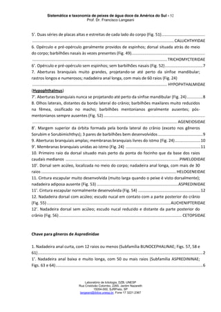 Sistemática e taxonomia de peixes de água doce da América do Sul - 52
Prof. Dr. Francisco Langeani
Laboratório de Ictiologia, DZB, UNESP
Rua Cristóvão Colombo, 2265, Jardim Nazareth
15054-000, SJRPreto, SP
langeani@ibilce.unesp.br, Fone 17 3221.2367
5’. Duas séries de placas altas e estreitas de cada lado do corpo (Fig. 51).......................................
............................................................................................................................... CALLICHTHYIDAE
6. Opérculo e pré-opérculo geralmente providos de espinhos; dorsal situada atrás do meio
do corpo; barbilhões nasais às vezes presentes (Fig. 49)..................................................................
.........................................................................................................................TRICHOMYCTERIDAE
6’. Opérculo e pré-opérculo sem espinhos; sem barbilhões nasais (Fig. 52)..................................7
7. Aberturas branquiais muito grandes, projetando-se até perto da sínfise mandibular;
rastros longos e numerosos; nadadeira anal longa, com mais de 60 raios (Fig. 24)
......................................................................................................................... HYPOPHTHALMIDAE
(Hypophthalmus)
7’. Aberturas branquiais nunca se projetando até perto da sínfise mandibular (Fig. 24) ..............8
8. Olhos laterais, distantes da borda lateral do crânio; barbilhões maxilares muito reduzidos
na fêmea, ossificado no macho; barbilhões mentonianos geralmente ausentes; pós-
mentonianos sempre ausentes (Fig. 52) ...........................................................................................
.................................................................................................................................. AGENEIOSIDAE
8’. Margem superior da órbita formada pela borda lateral do crânio (exceto nos gêneros
Sorubim e Sorubimichthys); 3 pares de barbilhões bem desenvolvidos ........................................9
9. Aberturas branquiais amplas; membranas branquiais livres do istmo (Fig. 24).......................10
9’. Membranas branquiais unidas ao istmo (Fig. 24) ...................................................................11
10. Primeiro raio da dorsal situado mais perto da ponta do focinho que da base dos raios
caudais medianos ......................................................................................................PIMELODIDAE
10’. Dorsal sem acúleo, localizada no meio do corpo; nadadeira anal longa, com mais de 30
raios ......................................................................................................................... HELOGENEIDAE
11. Cintura escapular muito desenvolvida (muito larga quando o peixe é visto dorsalmente);
nadadeira adiposa ausente (Fig. 53) .........................................................................ASPREDINIDAE
11’. Cintura escapular normalmente desenvolvida (Fig. 54) ........................................................12
12. Nadadeira dorsal com acúleo; escudo nucal em contato com a parte posterior do crânio
(Fig. 55) ...............................................................................................................AUCHENIPTERIDAE
12’. Nadadeira dorsal sem acúleo; escudo nucal reduzido e distante da parte posterior do
crânio (Fig. 56).............................................................................................................. CETOPSIDAE
Chave para gêneros de Aspredinidae
1. Nadadeira anal curta, com 12 raios ou menos (Subfamília BUNOCEPHALINAE; Figs. 57, 58 e
61)....................................................................................................................................................2
1’. Nadadeira anal baixa e muito longa, com 50 ou mais raios (Subfamília ASPREDININAE;
Figs. 63 e 64)....................................................................................................................................6
 