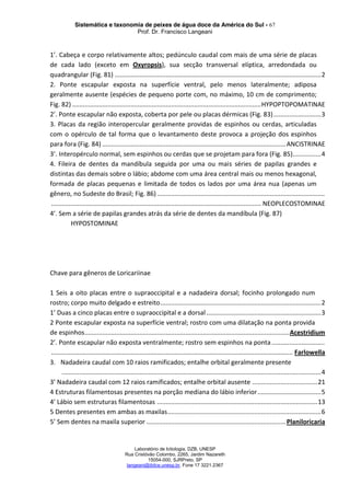 Sistemática e taxonomia de peixes de água doce da América do Sul - 67
Prof. Dr. Francisco Langeani
Laboratório de Ictiologia, DZB, UNESP
Rua Cristóvão Colombo, 2265, Jardim Nazareth
15054-000, SJRPreto, SP
langeani@ibilce.unesp.br, Fone 17 3221.2367
1’. Cabeça e corpo relativamente altos; pedúnculo caudal com mais de uma série de placas
de cada lado (exceto em Oxyropsis), sua secção transversal elíptica, arredondada ou
quadrangular (Fig. 81) .....................................................................................................................2
2. Ponte escapular exposta na superfície ventral, pelo menos lateralmente; adiposa
geralmente ausente (espécies de pequeno porte com, no máximo, 10 cm de comprimento;
Fig. 82) ...........................................................................................................HYPOPTOPOMATINAE
2’. Ponte escapular não exposta, coberta por pele ou placas dérmicas (Fig. 83)...........................3
3. Placas da região interopercular geralmente providas de espinhos ou cerdas, articuladas
com o opérculo de tal forma que o levantamento deste provoca a projeção dos espinhos
para fora (Fig. 84) ........................................................................................................ANCISTRINAE
3’. Interopérculo normal, sem espinhos ou cerdas que se projetam para fora (Fig. 85)................4
4. Fileira de dentes da mandíbula seguida por uma ou mais séries de papilas grandes e
distintas das demais sobre o lábio; abdome com uma área central mais ou menos hexagonal,
formada de placas pequenas e limitada de todos os lados por uma área nua (apenas um
gênero, no Sudeste do Brasil; Fig. 86)...............................................................................................
....................................................................................................................... NEOPLECOSTOMINAE
4’. Sem a série de papilas grandes atrás da série de dentes da mandíbula (Fig. 87)
HYPOSTOMINAE
Chave para gêneros de Loricariinae
1 Seis a oito placas entre o supraoccipital e a nadadeira dorsal; focinho prolongado num
rostro; corpo muito delgado e estreito...........................................................................................2
1’ Duas a cinco placas entre o supraoccipital e a dorsal.................................................................3
2 Ponte escapular exposta na superfície ventral; rostro com uma dilatação na ponta provida
de espinhos....................................................................................................................Acestridium
2’. Ponte escapular não exposta ventralmente; rostro sem espinhos na ponta..............................
......................................................................................................................................... Farlowella
3. Nadadeira caudal com 10 raios ramificados; entalhe orbital geralmente presente
...................................................................................................................................................4
3’ Nadadeira caudal com 12 raios ramificados; entalhe orbital ausente .....................................21
4 Estruturas filamentosas presentes na porção mediana do lábio inferior....................................5
4’ Lábio sem estruturas filamentosas ...........................................................................................13
5 Dentes presentes em ambas as maxilas.......................................................................................6
5’ Sem dentes na maxila superior ...............................................................................Planiloricaria
 