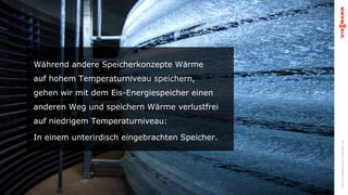 Viessmann	Eis-Energiespeicher	GmbH	|	Anlagenbeispiele	|	LuaH
Während andere Speicherkonzepte Wärme
auf hohem Temperaturniveau speichern,
gehen wir mit dem Eis-Energiespeicher einen
anderen Weg und speichern Wärme verlustfrei
auf niedrigem Temperaturniveau:
In einem unterirdisch eingebrachten Speicher.
 