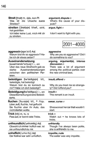 146


      Streit [Itrait] m, -(e)s, kein Pl.       argument, dispute n
       Was ist die        Ursache eures         What’s the cause of your dis-
       Streites?                                pute?
      streiten [‘Jtrait(a)n] V/refl, stritt,   argue, fight v
       hat gestritten
       Ich habe keine Lust, mich mit dir        I don’t want to fight with you.
       zu streiten.


                                                             1 0 1-40001
                                                              20
      aggressiv [agrc’si:fl AQ.                aggressive
       Warum bist du so aggressiv? Ha-          Why are you so aggressive? Did I
       be ich dir etwas aetan?                  do somethina to vou?
      Auseinandersetzung                       arguing, argument@), intense
       [ausai’nanda*zetsug]( -, -en             discussion n
       Uber das neue Strafrecht gab es          There was a lot of argument
       starke    Auseinandersetzungen           among the political parties over
       zwischen den politischen Par-            the new criminal laws.
       teien.
      beleidigen [ba’laidig(a)n] V/t,          insult, offend v
       beleidigte, hat beleidigt
       Warum bist du so komisch zu              Why do you treat me so strange-
       mir? Habe ich dich beleidigt?            ly? Did I offend you?
      Beleidigung [ba‘laidigug] 6 -,-en        insult n
       Diese Bemerkung ist eine Beleidi-        This remark is an insult.
       cluna
      fluchen [‘flu:x(a)n] V/.,   + fr2p.      swear, curse v
       (uber, au9, fluchte, hat geflucht
       Sie fluchte uber ihr Auto, das           Shesworeat her carthat wouldn’t
       nicht starten wollte.                    start.
      Trick [trik] rn,-s, -s                   trick n
       Pass auf, er kennt viele Tricks.          Watch out   -    he knows lots of
                                                tricks.
                                Aq.
      unfreundlich [‘unfr~intliq]              unfriendly
       Obwohl ich immer hoflich war, ist        Though I’ve always been polite,
       sie unfreundlich zu mir.                 she is unfriendlv to me.
      unhoflich [‘unh@:fIiq]
                           AQ.                 impolite, rude
       Der Kellner war sehr unhoflich.          The waiter was very impolite.
 