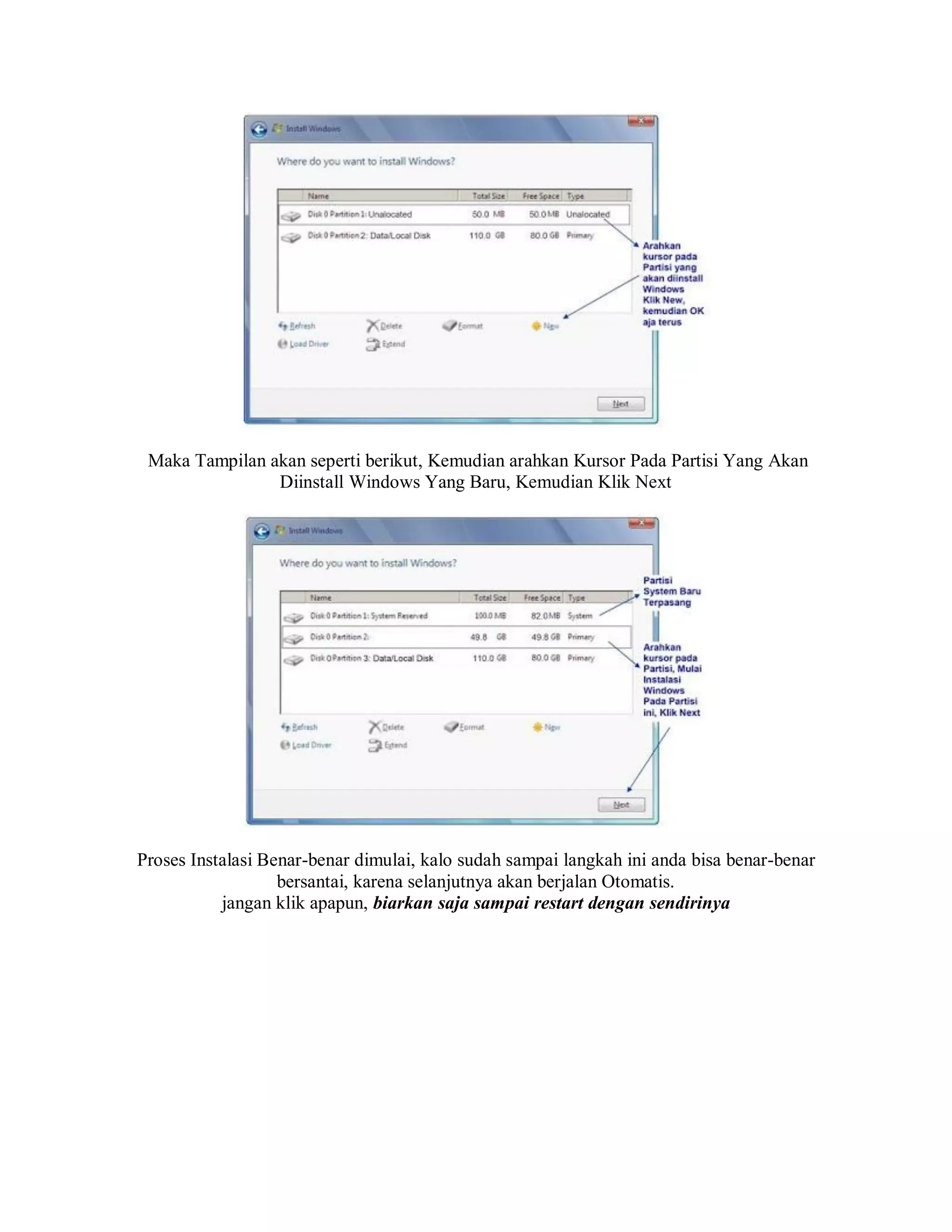 Maka Tampilan akan seperti berikut, Kemudian arahkan Kursor Pada Partisi Yang Akan
Diinstall Windows Yang Baru, Kemudian Klik Next
Proses Instalasi Benar-benar dimulai, kalo sudah sampai langkah ini anda bisa benar-benar
bersantai, karena selanjutnya akan berjalan Otomatis.
jangan klik apapun, biarkan saja sampai restart dengan sendirinya
 