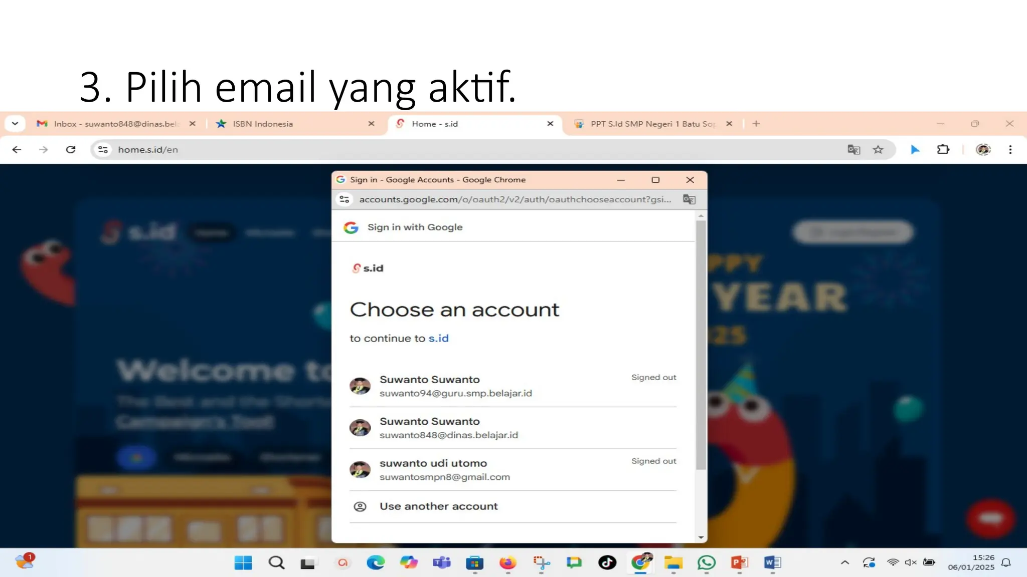 3. Pilih email yang aktif.