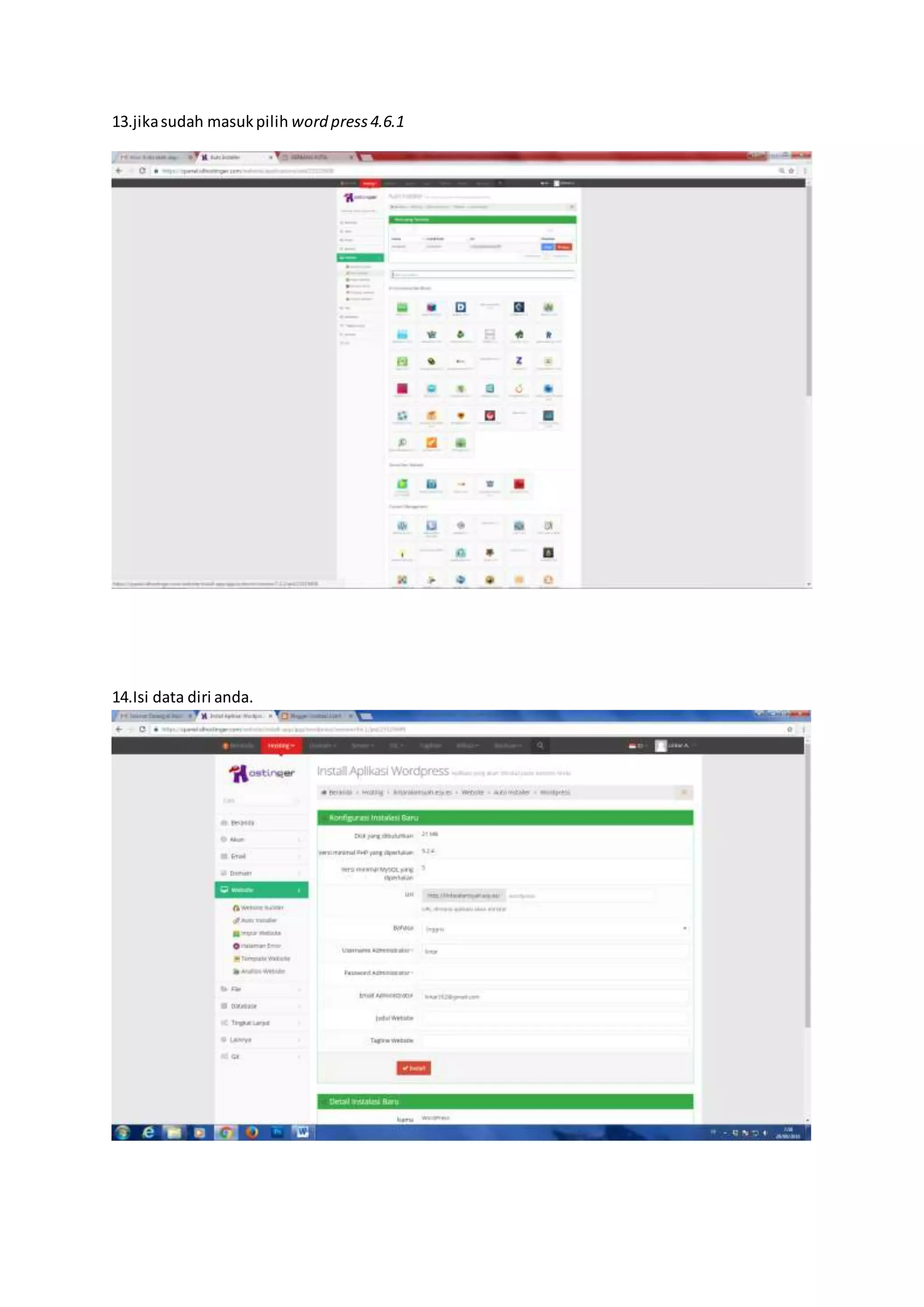 13.jikasudah masukpilih word press4.6.1
14.Isi data diri anda.