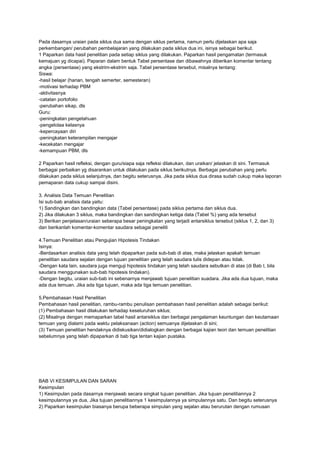 Pada dasarnya uraian pada siklus dua sama dengan siklus pertama, namun perlu dijelaskan apa saja
perkembangan/ perubahan pembelajaran yang dilakukan pada siklus dua ini, isinya sebagai berikut.
1 Paparkan data hasil penelitian pada setiap siklus yang dilakukan. Paparkan hasil pengamatan (termasuk
kemajuan yg dicapai). Paparan dalam bentuk Tabel persentase dan dibawahnya diberikan komentar tentang
angka (persentase) yang ekstrim-ekstrim saja. Tabel persentase tersebut, misalnya tentang:
Siswa:
-hasil belajar (harian, tengah semerter, semesteran)
-motivasi terhadap PBM
-aktivitasnya
-catatan portofolio
-perubahan sikap, dls
Guru:
-peningkatan pengetahuan
-pengelolaa kelasnya
-kepercayaan diri
-peningkatan keterampilan mengajar
-kecekatan mengajar
-kemampuan PBM, dls
2 Paparkan hasil refleksi, dengan guru/siapa saja refleksi dilakukan, dan uraikan/ jelaskan di sini. Termasuk
berbagai perbaikan yg disarankan untuk dilakukan pada siklus berikutnya. Berbagai perubahan yang perlu
dilakukan pada siklus selanjutnya, dan begitu seterusnya. Jika pada siklus dua dirasa sudah cukup maka laporan
pemaparan data cukup sampai disini.
3. Analisis Data Temuan Penelitian
Isi sub-bab analisis data yaitu:
1) Sandingkan dan bandingkan data (Tabel persentase) pada siklus pertama dan siklus dua.
2) Jika dilakukan 3 siklus, maka bandingkan dan sandingkan ketiga data (Tabel %) yang ada tersebut
3) Berikan penjelasan/uraian seberapa besar peningkatan yang terjadi antarsiklus tersebut (siklus 1, 2, dan 3)
dan berikanlah komentar-komentar saudara sebagai peneliti
4.Temuan Penelitian atau Pengujian Hipotesis Tindakan
Isinya:
-Berdasarkan analisis data yang telah dipaparkan pada sub-bab di atas, maka jelaskan apakah temuan
penelitian saudara sejalan dengan tujuan penelitian yang telah saudara tulis didepan atau tidak.
-Dengan kata lain, saudara juga menguji hipotesis tindakan yang telah saudara sebutkan di atas (di Bab I, bila
saudara menggunakan sub-bab hipotesis tindakan).
-Dengan begitu, uraian sub-bab ini sebenarnya menjawab tujuan penelitian suadara. Jika ada dua tujuan, maka
ada dua temuan. Jika ada tiga tujuan, maka ada tiga temuan penelitian.
5.Pembahasan Hasil Penelitian
Pembahasan hasil penelitian, rambu-rambu penulisan pembahasan hasil penelitian adalah sebagai berikut:
(1) Pembahasan hasil dilakukan terhadap keseluruhan siklus;
(2) Misalnya dengan memaparkan tabel hasil antarsiklus dan berbagai pengalaman keuntungan dan keutamaan
temuan yang dialami pada waktu pelaksanaan (action) semuanya dijelaskan di sini;
(3) Temuan penelitian hendaknya didiskusikan/didialogkan dengan berbagai kajian teori dan temuan penelitian
sebelumnya yang telah dipaparkan di bab tiga tentan kajian pustaka.
BAB VI KESIMPULAN DAN SARAN
Kesimpulan
1) Kesimpulan pada dasarnya menjawab secara singkat tujuan penelitian. Jika tujuan penelitiannya 2
kesimpulannya ya dua, Jika tujuan penelitiannya 1 kesimpulannya ya simpulannya satu. Dan begitu seterusnya
2) Paparkan kesimpulan biasanya berupa beberapa simpulan yang sejalan atau berurutan dengan rumusan
 