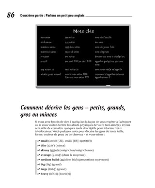 Comment décrire les gens – petits, grands,
gros ou minces
Si vous avez besoin de dire à quelqu’un la façon de vous repérer à l’aéroport
ou si vous voulez décrire les atouts physiques de votre bien-aimé(e), il vous
sera utile de connaître quelques mots descriptifs pour informer votre
interlocuteur. Voici quelques mots pour décrire les gens de toute taille,
forme, couleur de peau ou de cheveux – et vous-même :
⻬ small (smôôl [UK], smââl [US]) (petit(e))
⻬ thin (dzin’) (mince)
⻬ skinny (ski-ni) (maigrichon/maigrichonne)
⻬ average (a-vridj) (dans la moyenne)
⻬ medium build (mii-diem’bild) (proportions moyennes)
⻬ big (big) (grand)
⻬ large (lââdj) (grand)
⻬ heavy (h’è-vi) (lourd(e))
86 Deuxième partie : Parlons un petit peu anglais
Mots clés
surname see-néïm nom de famille
nickname nic-néïm surnom
maiden name méï-den néïm nom de jeune fille
married name ma-rid néïm nom d’épouse
to name tou néïm donner un nom à quelqu’un
to call tou côôl [UK], to cââl [US] appeler quelqu’un par son
nom
my name is maï néïm iz mon nom est/je m’appelle
what’s your name? ouots ioue néïm [UK], comment t’appelles-tu/vous
h’ouâts ioue néïm [US] appelez-vous ?
 