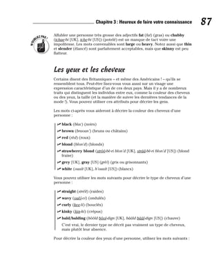 Affubler une personne très grosse des adjectifs fat (fat) (gras) ou chubby
(tchae-bi [UK], tche-bi [US]) (potelé) est un manque de tact voire une
impolitesse. Les mots convenables sont large ou heavy. Notez aussi que thin
et slender (élancé) sont parfaitement acceptables, mais que skinny est peu
flatteur.
Les yeux et les cheveux
Certains disent des Britanniques – et même des Américains ! – qu’ils se
ressemblent tous. Peut-être lisez-vous vous aussi sur un visage une
expression caractéristique d’un de ces deux pays. Mais il y a de nombreux
traits qui distinguent les individus entre eux, comme la couleur des cheveux
ou des yeux, la taille (et la manière de suivre les dernières tendances de la
mode !). Vous pouvez utiliser ces attributs pour décrire les gens.
Les mots ci-après vous aideront à décrire la couleur des cheveux d’une
personne :
⻬ black (blac) (noirs)
⻬ brown (braoun’) (bruns ou châtains)
⻬ red (rèd) (roux)
⻬ blond (blon’d) (blonds)
⻬ strawberry blond (strôô-bè-ri blon’d [UK], strââ-bè-ri blon’d [US]) (blond
fraise)
⻬ grey [UK], gray [US] (grèï) (gris ou grisonnants)
⻬ white (ouaït [UK], h’ouaït [US]) (blancs)
Vous pouvez utiliser les mots suivants pour décrire le type de cheveux d’une
personne :
⻬ straight (stréït) (raides)
⻬ wavy (ouèï-vi) (ondulés)
⻬ curly (kee-li) (bouclés)
⻬ kinky (kin-ki) (crépus)
⻬ bald/balding (bôôld bôol-dign [UK], bââld bââl-dign [US]) (chauve)
C’est vrai, le dernier type ne décrit pas vraiment un type de cheveux,
mais plutôt leur absence.
Pour décrire la couleur des yeux d’une personne, utilisez les mots suivants :
N
’
O
U
BLIEZPAS!
87
Chapitre 3 : Heureux de faire votre connaissance
 