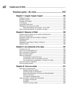 Troisième partie : En visite ..........................................153
Chapitre 7 : L’argent, l’argent, l’argent . . . . . . . . . . . . . . . . . . . . . . . . . .155
Dollars et cents ..............................................................................................155
Pounds et pence ............................................................................................157
Changer de l’argent .......................................................................................158
À la banque ....................................................................................................159
Automates bancaires ....................................................................................162
Utilisation des cartes de crédit ...................................................................164
Deux prépositions pour payer : by et with .....................................166
Deux verbes qui paient : to accept et to take ...........................................167
Chapitre 8 : Séjourner à l’hôtel . . . . . . . . . . . . . . . . . . . . . . . . . . . . . . . .169
Choisir entre un hôtel ou un motel aux États-Unis ..................................169
Faire une réservation ....................................................................................170
Exprimer la date par des nombres ordinaux ............................................172
Enregistrement ..............................................................................................176
Possession ......................................................................................................178
Distinguer entre There, Their, et They’re ..................................................182
Quitter l’hôtel ................................................................................................183
Chapitre 9 : Les restaurants et les repas . . . . . . . . . . . . . . . . . . . . . . . .187
La faim et la soif ............................................................................................187
Qu’y a-t-il au petit-déjeuner ? ......................................................................188
Qu’y a-t-il pour le déjeuner ? .......................................................................190
Qu’y a-t-il pour dîner ? ..................................................................................191
Aller au restaurant ........................................................................................194
Commander à partir du menu ..........................................................198
Conversation avec la personne qui sert ..........................................201
Les verbes pour commander : to have et to take ..........................202
La fin du repas et l’addition .........................................................................202
Pour les gens pressés ...................................................................................206
Chapitre 10 : Faire ses achats . . . . . . . . . . . . . . . . . . . . . . . . . . . . . . . . .211
Direction le supermarché ............................................................................211
Naviguer dans les allées ....................................................................212
Achat de fruits et de légumes ...........................................................214
Noms dénombrables et noms non dénombrables .........................216
Poids et mesures .................................................................................217
Les caisses enregistreuses ................................................................218
Juste ma taille : acheter des vêtements .....................................................221
Je regarde seulement .........................................................................221
S’habiller ..............................................................................................222
Trouver la bonne taille .......................................................................225
xii L’anglais pour les Nuls
 