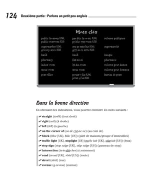 Dans la bonne direction
En obtenant des indications, vous pourrez entendre les mots suivants :
⻬ straight (stréït) (tout droit)
⻬ right (raït) (à droite)
⻬ left (lèft) (à gauche)
⻬ on the corner of (on de côô-ne ov) (au coin de)
⻬ block (bloc [UK], blâc [US]) (pâté de maisons/groupe d’immeubles)
⻬ traffic light [UK], stoplight [US] (tra-fic laït [UK], stâp-laït [US]) (feux)
⻬ stop sign (stop saïgn [UK], stâp saïgn [US]) (panneau de stop)
⻬ intersection (in-te-sèk-chen) (croisement)
⻬ road (reoud [UK], rôôd [US]) (route)
⻬ street (striit) (rue)
⻬ avenue (a-ve-nou) (avenue)
124 Deuxième partie : Parlons un petit peu anglais
Mots clés
public lavatory [UK], pae-blic la-ve-tri [UK], toilettes publiques
public restroom [US] pe-blic rèst-roum [US]
supermarket [UK], sou-pe-mââ-kit [UK], supermarché
grocery store [US] grôô-se-ri stôôe [US]
bank bank banque
pharmacy fââ-me-si pharmacie
ladies’ room léï-diz roum toilettes pour dames
mens’ room mènz roum toilettes pour hommes
post office peoust o-fis [UK], bureau de poste
pôôst o-fis [US]
 