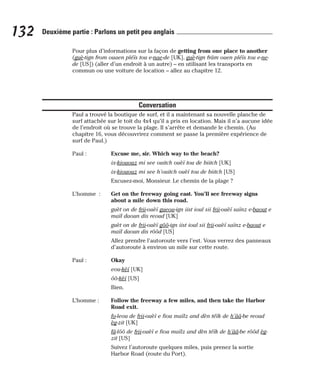 Pour plus d’informations sur la façon de getting from one place to another
(guè-tign from ouaen pléïs tou e-nae-de [UK], guè-tign frâm ouen pléïs tou e-ne-
de [US]) (aller d’un endroit à un autre) – en utilisant les transports en
commun ou une voiture de location – allez au chapitre 12.
Conversation
Paul a trouvé la boutique de surf, et il a maintenant sa nouvelle planche de
surf attachée sur le toit du 4x4 qu’il a pris en location. Mais il n’a aucune idée
de l’endroit où se trouve la plage. Il s’arrête et demande le chemin. (Au
chapitre 16, vous découvrirez comment se passe la première expérience de
surf de Paul.)
Paul : Excuse me, sir. Which way to the beach?
ix-kiououz mi see ouitch ouèï tou de biitch [UK]
ix-kiououz mi see h’ouitch ouèï tou de biitch [US]
Excusez-moi, Monsieur. Le chemin de la plage ?
L’homme : Get on the freeway going east. You’ll see freeway signs
about a mile down this road.
guèt on de frii-ouèï gueou-ign iist ioul sii frii-ouèï saïnz e-baout e
maïl daoun dis reoud [UK]
guèt on de frii-ouèï gôô-ign iist ioul sii frii-ouèï saïnz e-baout e
maïl daoun dis rôôd [US]
Allez prendre l’autoroute vers l’est. Vous verrez des panneaux
d’autoroute à environ un mile sur cette route.
Paul : Okay
eou-kèï [UK]
ôô-kèï [US]
Bien.
L’homme : Follow the freeway a few miles, and then take the Harbor
Road exit.
fo-leou de frii-ouèï e fiou maïlz and dèn téïk de h’ââ-be reoud
èg-zit [UK]
fâ-lôô de frii-ouèï e fiou maïlz and dèn téïk de h’ââ-be rôôd èg-
zit [US]
Suivez l’autoroute quelques miles, puis prenez la sortie
Harbor Road (route du Port).
132 Deuxième partie : Parlons un petit peu anglais
 