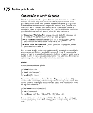 Commander à partir du menu
Choisir ce que vous voulez à partir du menu peut être toute une aventure.
Dans un restaurant proposant une cuisine d’Europe continentale, vous
pourrez reconnaître des plats qui vous sont familiers (bien qu’ils puissent
être considérablement modifiés). Cependant, certains plats peuvent avoir
des noms créatifs, de sorte qu’il est impossible de savoir de quoi ils se
composent – sauf si vous le demandez. Voici quelques façons de poser cette
question, ainsi que quelques autres, utilisables pour commander.
⻬ Excuse me. What’s this? (ix-kiououz mi ouots dis [UK], ix-kiououz mi
h’ouâtz dis [US]) (Pardon. Qu’est-ce que c’est que ça ?)
⻬ Can you tell me about this item? (can iou tèl mi e-baout dis aï-tem)
(Pouvez-vous me dire quelque chose sur ce plat ?)
⻬ Which items are vegetarian? (ouitch aï-temz ââ vé-dji-tée-rien) (Quels
plats sont végétariens ?)
Pour presque tous les plats que vous commandez – même le plat principal –
vous disposez de plusieurs possibilités, comme le degré de cuisson de la
viande, le type de préparation des pommes de terre, le type de sauce pour la
salade, et ainsi de suite. Les sections suivantes vous aideront à découvrir les
options disponibles, et à demander ce qui vous convient.
Viande
Voici quelques-unes des options :
⻬ beef (biif) (bœuf)
⻬ lamb (lam) (agneau)
⻬ pork (pôôc) (porc)
Le serveur peut aussi vous demander How do you want your meat? (haou
dou iou ouânt ioue miit) (Quelle cuisson pour la viande ?) pour pouvoir dire
au chef combien de temps il doit cuire votre bœuf. Vous avez le choix entre
les réponses suivantes :
⻬ medium (mii-diem) (à point)
⻬ rare (rèe) (bleu)
⻬ well done (ouèl daen [UK], ouèl den [US]) (bien cuit)
Si vous hésitez entre plusieurs possibilités, demandez medium-rare (mii-
diem rèe) (saignant) ou medium-well (mii-diem ouèl) (entre à point et bien
cuit).
198 Troisième partie : En visite
 