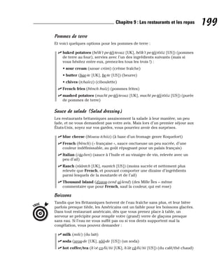 Pommes de terre
Et voici quelques options pour les pommes de terre :
⻬ baked potatoes (béïk’t pe-téï-teouz [UK], béïk’t pe-téi-tôôz [US]) (pommes
de terre au four), servies avec l’un des ingrédients suivants (mais si
vous hésitez entre eux, prenez-les tous les trois !) :
• sour cream (saoue criim) (crème fraîche)
• butter (bae-te [UK], be-te [US]) (beurre)
• chives (tchaïvz) (ciboulette)
⻬ French fries (frènch fraïz) (pommes frites)
⻬ mashed potatoes (macht pe-téï-teouz [UK], macht pe-téï-tôôz [US]) (purée
de pommes de terre)
Sauce de salade (Salad dressing)
Les restaurants britanniques assaisonnent la salade à leur manière, un peu
fade, et ne vous demandent pas votre avis. Mais lors d’un premier séjour aux
États-Unis, soyez sur vos gardes, vous pourriez avoir des surprises.
⻬ blue cheese (blouou tchiiz) (à base d’un fromage genre Roquefort)
⻬ French (frènch) (« française », sauce onctueuse un peu sucrée, d’une
couleur indéfinissable, au goût répugnant pour un palais français)
⻬ Italian (i-ta-lien) (sauce à l’huile et au vinaigre de vin, relevée avec un
peu d’ail)
⻬ Ranch (râântch [UK], raantch [US]) (moins sucrée et nettement plus
relevée que French, et pouvant comporter une dizaine d’ingrédients
parmi lesquels de la moutarde et de l’ail)
⻬ Thousand Island (dzaou-zend aï-lend) (des Mille Îles – même
commentaire que pour French, sauf la couleur, qui est rose)
Boissons
Tandis que les Britanniques boivent de l’eau fraîche sans plus, et leur bière
parfois presque tiède, les Américains ont un faible pour les boissons glacées.
Dans tout restaurant américain, dès que vous prenez place à table, un
serveur se précipite pour remplir votre (grand) verre de glaçons presque
sans eau. Si l’eau ne vous suffit pas ou si vos dents supportent mal la
congélation, vous pouvez demander :
⻬ milk (milc) (du lait)
⻬ soda (seou-de [UK], sôô-de [US]) (un soda)
⻬ hot coffee/tea (h’ot co-fii/tii [UK], h’ât câ-fii/tii [US]) (du café/thé chaud)
TRUC
199
Chapitre 9 : Les restaurants et les repas
 