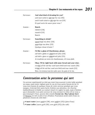 Serveuse : And what kind of dressing for you?
and ouot caïnd ev drè-sign foe iou [UK]
and h’ouât caïnd ev drè-sign foe iou [US]
Et quel sorte de sauce pour vous ?
Joanne : Ranch.
râântch [UK]
raantch [US]
Ranch.
Serveuse : Something to drink?
saem-dzign tou drinc [UK]
sem-dzign tou drinc [US]
Quelque chose à boire ?
Joanne : I’d like a glass of Chardonnay, please.
aïd laïk e glââs ev chââ-de-nèï pliiz [UK]
aïd laïk e glass ev chââ-de-nèï pliiz [US]
Je voudrais un verre de chardonnais, s’il vous plaît.
Serveuse : Okay. I’ll be right back with some bread and your wine.
eou-kèï aïl bii raït bac ouid saem brèd and ioue ouaïn [UK]
ôô-kèï aïl bii raït bac ouid sem brèd and ioue ouaïn [US]
Bien. Je reviens tout de suite avec du pain et le vin.
Conversation avec la personne qui sert
Un serveur expérimenté ne doit pas venir trop souvent à votre table pendant
un repas, mais rester vigilant pour le cas où vous auriez besoin de lui. Si
vous avez besoin de quelque chose de votre serveur pendant que vous
mangez, il devrait être assez facile d’attirer son attention. (Je cherche
habituellement à établir un contact visuel et à agiter la main, mais n’hésitez
pas à demander à un autre serveur de vous envoyer le vôtre s’il ne vous a
pas remarqué.) Vous pouvez dire ensuite Excuse me. May I please have
(ix-kiououz mi mèï aï pliiz h’av) (Pardon. Pourrais-je avoir) suivi d’une ou
plusieurs choses de cette liste :
⻬ more water (moe ouôô-te [UK], moe ouââ-te [US]) (plus d’eau)
⻬ some coffee (saem co-fii [UK], sem câ-fii [US]) (du café)
201
Chapitre 9 : Les restaurants et les repas
 