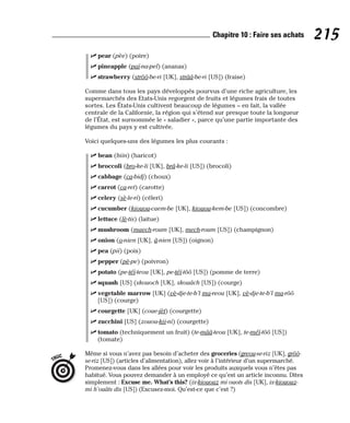⻬ pear (pèe) (poire)
⻬ pineapple (paï-na-pel) (ananas)
⻬ strawberry (strôô-be-ri [UK], strââ-be-ri [US]) (fraise)
Comme dans tous les pays développés pourvus d’une riche agriculture, les
supermarchés des Etats-Unis regorgent de fruits et légumes frais de toutes
sortes. Les États-Unis cultivent beaucoup de légumes – en fait, la vallée
centrale de la Californie, la région qui s’étend sur presque toute la longueur
de l’État, est surnommée le « saladier », parce qu’une partie importante des
légumes du pays y est cultivée.
Voici quelques-uns des légumes les plus courants :
⻬ bean (biin) (haricot)
⻬ broccoli (bro-ke-li [UK], brâ-ke-li [US]) (brocoli)
⻬ cabbage (ca-bidj) (choux)
⻬ carrot (ca-ret) (carotte)
⻬ celery (sè-le-ri) (céleri)
⻬ cucumber (kiouou-caem-be [UK], kiouou-kem-be [US]) (concombre)
⻬ lettuce (lè-tis) (laitue)
⻬ mushroom (maech-roum [UK], mech-roum [US]) (champignon)
⻬ onion (o-nien [UK], â-nien [US]) (oignon)
⻬ pea (pii) (pois)
⻬ pepper (pè-pe) (poivron)
⻬ potato (pe-téï-teou [UK], pe-téï-tôô [US]) (pomme de terre)
⻬ squash [US] (skouoch [UK], skouâch [US]) (courge)
⻬ vegetable marrow [UK] (vè-dje-te-b’l ma-reou [UK], vè-dje-te-b’l ma-rôô
[US]) (courge)
⻬ courgette [UK] (coue-jèt) (courgette)
⻬ zucchini [US] (zouou-kii-ni) (courgette)
⻬ tomato (techniquement un fruit) (te-mââ-teou [UK], te-méï-tôô [US])
(tomate)
Même si vous n’avez pas besoin d’acheter des groceries (greou-se-riz [UK], grôô-
se-riz [US]) (articles d’alimentation), allez voir à l’intérieur d’un supermarché.
Promenez-vous dans les allées pour voir les produits auxquels vous n’êtes pas
habitué. Vous pouvez demander à un employé ce qu’est un article inconnu. Dites
simplement : Excuse me. What’s this? (ix-kiououz mi ouots dis [UK], ix-kiououz-
mi h’ouâts dis [US]) (Excusez-moi. Qu’est-ce que c’est ?)
TRUC
215
Chapitre 10 : Faire ses achats
 