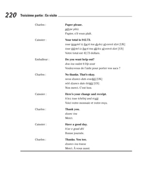 Charles : Paper please.
péï-pe pliiz
Papier, s’il vous plaît.
Caissier : Your total is $42.73.
ioue teou-tel iz foe-ti tou do-lez sè-ven-ti dzri [UK]
ioue tôô-tel iz foe-ti tou dâ-lez sè-ven-ti dzri [US]
Votre total est 42,73 dollars.
Emballeur : Do you want help out?
dou iou ouânt h’èlp aout
Voulez-vous de l’aide pour porter vos sacs ?
Charles : No thanks. That’s okay.
neou dzancs dats eou-kèï [UK]
nôô dzancs dats ôô-kèï [US]
Non merci. C’est bon.
Caissier : Here’s your change and receipt.
h’iez ioue tchéïnj and ri-siit
Voici votre monnaie et votre reçu.
Charles : Thank you.
dzanc iou
Merci.
Caissier : Have a good day.
h’av e goud dèï
Bonne journée.
Charles : Thanks. You too.
dzancs iou touou
Merci. À vous aussi.
220 Troisième partie : En visite
 