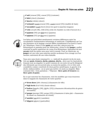 ⻬ suit (siouout [UK], souout [US]) (costume)
⻬ shirt (cheet) (chemise)
⻬ shorts (chôôts) (short)
⻬ swimsuit (souim-siouout [UK], souim-souout [US]) (maillot de bain)
⻬ sweatshirt (souèt-cheet) (tricot de sport à manches longues)
⻬ robe (reoub [UK], rôôb [US]) (robe de chambre ou robe d’avocat etc.)
⻬ pyjamas [UK] (pe-djââ-mez) (pyjama)
⻬ pajamas [US] (pe-djaa-mez) (pyjama)
Les listes qui précèdent mentionnent certaines différences entre les
vocabulaires vestimentaires britannique et américain. L’habillement est l’un
des domaines où le langage courant diffère notablement d’un bord à l’autre
de l’Atlantique. Outre le mot pants qui veut dire caleçon pour les
Britanniques et pantalon pour les Américains, citons le mot jumper, maillot
couvrant la partie supérieure du corps d’un Britannique, équivalent du mot
sweater doté du même sens pour tout le monde. Pour un Américain, un
jumper est une robe sans manches portée au-dessus d’un corsage ou d’un
sweater, autrement dit une robe-chasuble.
Vous avez sans doute remarqué le « s » indicatif du pluriel à la fin de mots
tels que pants, trousers, slacks, pyjamas, shorts... alors que les équivalents
français sont au singulier. Le point commun de ces mots est qu’ils désignent
des vêtements qui recouvrent plus ou moins les jambes, et à ce titre sont
considérés comme constitués de deux parties symétriques, la gauche et la
droite, indissociables : on ne peut pas mettre ces mots au singulier. Mais
comment dire « trois pantalons » ? Réponse : three pairs of trousers (ou
three pairs of pants).
En ce qui concerne les chaussures, voici les modèles que vous trouverez
dans le magasin de chaussures de votre quartier :
⻬ dress shoes (drès chououz) (chaussures de ville)
⻬ high heels (h’aï h’iilz) (hauts talons)
⻬ loafers (leou-fez [UK], lôô-fez [US]) (chaussures décontractées du genre
mocassins)
⻬ pumps (paemps [UK], pemps [US]) (chaussures à talon plat – chaussures
de danse ou chaussures de tennis)
⻬ sandals (san-delz) (sandales)
⻬ slippers (sli-pez) (pantoufles)
P
O
I
N
T
D
EGRAMMAIR
E
N
’
O
U
BLIEZPAS!
223
Chapitre 10 : Faire ses achats
 