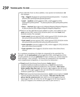⻬ Aux adjectifs d’une ou deux syllabes, vous ajoutez la terminaison -est.
Par exemple :
• big → biggest (big bi-guest) (grand/grande/grands/grandes → le plus/la
plus/les plus grand/grande/grands/grandes)
• small → smallest (smôôl smôô-lest [UK], smââl smââ-lest [US])
(petit/petite/petits/petites → le plus/la plus/les plus petit/petite/petits/
petites)
• fancy → fanciest (fan-si fan-si-est) (élégant/élégante/élégants/élégantes
le plus/la plus/les plus élégant/élégante/élégants/élégantes)
⻬ Dans le cas des adjectifs de trois syllabes ou plus, vous utilisez le mot
most (meoust [UK], môôst [US]) (le/la/les plus) ou le mot least (liist)
(le/la/les moins). Par exemple :
• most casual (meoust ca-jouel [UK], môôst ca-jouel [US]) (le/la/les plus
décontracté/décontractée/décontractés/décontractées)
• least casual (meoust ca-jouel [UK], môôst ca-jouel [US]) (le/la/les moins
décontracté/décontractée/décontractés/décontractées)
• most expensive (meoust ix-pèn-siv [UK], môôst ix-pèn-siv [US]) (le/la/les
plus cher/chère/chers/chères)
• least expensive (liist ix-pèn-siv) (le/la/les moins cher/chère/chers/
chères)
Il y a quelques exceptions à la règle du comparatif et du superlatif. Par
exemple : on dit most patient (meoust péï-chent [UK], môôst péï-chent [US])
(le plus patient) et non pas patientest. Et dans certains cas, comme dans les
mots suivants – très courants – les formes du comparatif et du superlatif
sont complètement irrégulières, et vous devez les mémoriser :
⻬ Good (goud) (bon/bonne/bons/bonnes), better (bè-te)
(meilleur/meilleure/meilleurs/meilleures), et best (bèst) (le/la/les
meilleur/meilleure/meilleurs/meilleures). Par exemple : This coat is
better quality than that coat. (dis keout iz bè-te couo-li-ti dan dat keout
[UK], dis côôt iz bè-te couâ-li-ti dan dat côôt [US]) (Ce manteau-ci est de
meilleure qualité que ce manteau-là.)
⻬ Bad (bad) (mauvais/mauvaise/mauvaises), worse (ouees) (pire) et worst
(oueest) (le/la/les pire/pires). Par exemple : This store has the best
prices, but the worst service! (dis stôôe h’az de bèst praï-siz baet de
oueest see-vis [UK], dis stôôe h’az de bèst praï-siz bet de oueest see-vis
[US]) (Ce magasin a les meilleurs prix mais le pire service !)
TRUC
230 Troisième partie : En visite
 