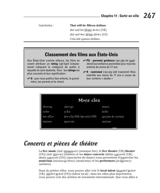 Guichetier : That will be fifteen dollars.
dat ouil bii fif-tiin do-lez [UK]
dat ouil bee fif-tiin dâ-lez [US]
Cela fait quinze dollars.
Concerts et pièces de théâtre
La live music (laïv miouou-sic) (musique live), le live theatre [UK]/theater
[US]) (laïv dzi-e-te) (théâtre) et les dance concerts (dââns con-seets [UK],
daans con-seets [US]) (spectacles de danse) vous permettent d’approcher les
musicians (miouou-si-chenz) (musiciens) et les performers (pe-fôô-mez)
(artistes).
Dans de petites villes, vous pouvez aller voir le local talent (leou-kel ta-lent
[UK], lôô-kel ta-lent [US]) (talent local) ; dans les villes plus importantes,
vous pouvez voir des artistes de renommée internationale. Que vous alliez à
247
Chapitre 11 : Sortir en ville
Classement des films aux États-Unis
Aux États-Unis comme ailleurs, les films se
voient attribuer un rating (réï-tign) (classe-
ment) indiquant la catégorie de public à
laquelle ils sont destinés. Voici les ratings les
plus courants et leur signification :
⻬ G : pour tous publics (les enfants, la grand-
mère, les parents et le chien)
⻬ PG : parental guidance (pe-rèn-tel guaï-
dens) (surveillance parentale) pour tous les
enfants de moins de 17 ans
⻬ R : restricted (rès-tric-tid) (restreint) films
interdits aux moins de 17 ans à cause de
leur contenu « adulte »
Mots clés
showing chôô-ign séance
ticket ti-kit billet
box office box o-fis [UK], bâx â-fis [US]) (guichet de cinéma)
matinée ma-ti-nèï matinée
 
