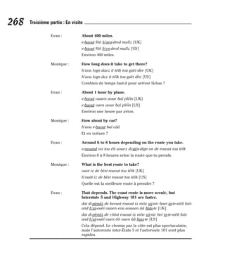 Evan : About 400 miles.
e-baout fôô h’aen-dred maïlz [UK]
e-baout fôô h’en-dred maïlz [US]
Environ 400 miles.
Monique : How long does it take to get there?
h’aou logn daez it téïk tou guèt dèe [UK]
h’aou logn dez it téïk tou guèt dèe [US]
Combien de temps faut-il pour arriver là-bas ?
Evan : About 1 hour by plane.
e-baout ouaen aoue baï pléïn [UK]
e-baout ouen aoue baï pléïn [US]
Environ une heure par avion.
Monique : How about by car?
h’aou e-baout baï cââ
Et en voiture ?
Evan : Around 6 to 8 hours depending on the route you take.
e-raound six tou éït aouez di-pèn-dign on de rouout iou téïk
Environ 6 à 8 heures selon la route que tu prends.
Monique : What is the best route to take?
ouot iz de bèst rouout tou téïk [UK]
h’ouât iz de bèst rouout tou téïk [US]
Quelle est la meilleure route à prendre ?
Evan : That depends. The coast route is more scenic, but
Interstate 5 and Highway 101 are faster.
dat di-pèndz de keoust rouout iz môe sii-nic baet in-te-stéït faïv
and h’aï-ouèï ouaen eou aouaen ââ fââs-te [UK]
dat di-pèndz de côôst rouout iz môe sii-nic bet in-te-stéït faïv
and h’aï-ouèï ouen ôô ouen ââ faas-te [US]
Cela dépend. Le chemin par la côte est plus spectaculaire,
mais l’autoroute inter-États 5 et l’autoroute 101 sont plus
rapides.
268 Troisième partie : En visite
 