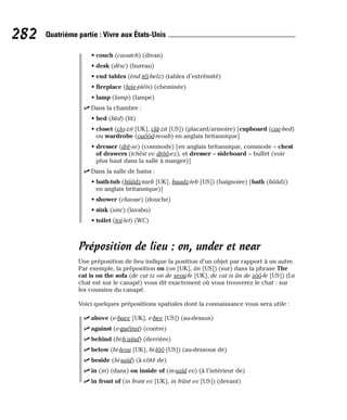 • couch (caoutch) (divan)
• desk (dèsc) (bureau)
• end tables (ènd téï-belz) (tables d’extrémité)
• fireplace (faïe-pléïs) (cheminée)
• lamp (lamp) (lampe)
⻬ Dans la chambre :
• bed (bèd) (lit)
• closet (clo-zit [UK], clâ-zit [US]) (placard/armoire) [cupboard (cae-bed)
ou wardrobe (ouôôd-reoub) en anglais britannique]
• dresser (drè-se) (commode) [en anglais britannique, commode = chest
of drawers (tchèst ev drôô-ez), et dresser = sideboard = buffet (voir
plus haut dans la salle à manger)]
⻬ Dans la salle de bains :
• bath-tub (bââdz-taeb [UK], baadz-teb [US]) (baignoire) [bath (bââdz)
en anglais britannique)]
• shower (chaoue) (douche)
• sink (sinc) (lavabo)
• toilet (toï-let) (WC)
Préposition de lieu : on, under et near
Une préposition de lieu indique la position d’un objet par rapport à un autre.
Par exemple, la préposition on (on [UK], ân [US]) (sur) dans la phrase The
cat is on the sofa (de cat iz on de seou-fe [UK], de cat is ân de sôô-fe [US]) (Le
chat est sur le canapé) vous dit exactement où vous trouverez le chat : sur
les coussins du canapé.
Voici quelques prépositions spatiales dont la connaissance vous sera utile :
⻬ above (e-baev [UK], e-bev [US]) (au-dessus)
⻬ against (e-guéïnst) (contre)
⻬ behind (bi-h’aïnd) (derrière)
⻬ below (bi-leou [UK], bi-lôô [US]) (au-dessous de)
⻬ beside (bi-saïd) (à côté de)
⻬ in (in) (dans) ou inside of (in-saïd ev) (à l’intérieur de)
⻬ in front of (in front ev [UK], in frânt ev [US]) (devant)
282 Quatrième partie : Vivre aux États-Unis
 