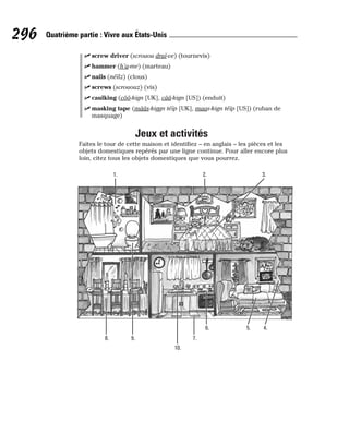 ⻬ screw driver (scrouou draï-ve) (tournevis)
⻬ hammer (h’a-me) (marteau)
⻬ nails (néïlz) (clous)
⻬ screws (scrououz) (vis)
⻬ caulking (côô-kign [UK], cââ-kign [US]) (enduit)
⻬ masking tape (mââs-kiggn téïp [UK], maas-kign téïp [US]) (ruban de
masquage)
Jeux et activités
Faites le tour de cette maison et identifiez – en anglais – les pièces et les
objets domestiques repérés par une ligne continue. Pour aller encore plus
loin, citez tous les objets domestiques que vous pourrez.
296 Quatrième partie : Vivre aux États-Unis
1. 2. 3.
8. 9.
10.
7.
6. 5. 4.
 