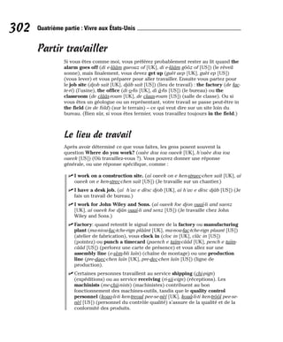 Partir travailler
Si vous êtes comme moi, vous préférez probablement rester au lit quand the
alarm goes off (di e-lââm gueouz of [UK], di e-lââm gôôz of [US]) (le réveil
sonne), mais finalement, vous devez get up (guèt aep [UK], guèt ep [US])
(vous lever) et vous préparer pour aller travailler. Ensuite vous partez pour
le job site (djob saït [UK], djâb saït [US]) (lieu de travail) : the factory (de fac-
te-ri) (l’usine), the office (di o-fis [UK], di â-fis [US]) (le bureau) ou the
classroom (de clââs-roum [UK], de claas-roum [US]) (salle de classe). Ou si
vous êtes un géologue ou un représentant, votre travail se passe peut-être in
the field (in de fiild) (sur le terrain) – ce qui veut dire sur un site loin du
bureau. (Bien sûr, si vous êtes fermier, vous travaillez toujours in the field.)
Le lieu de travail
Après avoir déterminé ce que vous faites, les gens posent souvent la
question Where do you work? (ouèe dou iou oueek [UK], h’ouèe dou iou
oueek [US]) (Où travaillez-vous ?). Vous pouvez donner une réponse
générale, ou une réponse spécifique, comme :
⻬ I work on a construction site. (aï oueek on e ken-straec-chen saït [UK], aï
oueek on e ken-strec-chen saït [US]) (Je travaille sur un chantier.)
⻬ I have a desk job. (aï h’av e dèsc djob [UK], aï h’av e dèsc djâb [US]) (Je
fais un travail de bureau.)
⻬ I work for John Wiley and Sons. (aï oueek foe djon ouaï-li and saenz
[UK], aï oueek foe djân ouaï-li and senz [US]) (Je travaille chez John
Wiley and Sons.)
⻬ Factory: quand retentit le signal sonore de la factory ou manufacturing
plant (ma-niou-fac-tche-rign plâânt [UK], ma-nou-fac-tche-rign plaant [US])
(atelier de fabrication), vous clock in (cloc in [UK], clâc in [US])
(pointez) ou punch a timecard (paench e taïm-cââd [UK], pench e taïm-
cââd [US]) (perforez une carte de présence) et vous allez sur une
assembly line (e-sèm-bli laïn) (chaîne de montage) ou une production
line (pre-daec-chen laïn [UK], pre-dec-chen laïn [US]) (ligne de
production).
⻬ Certaines personnes travaillent au service shipping (chi-pign)
(expéditions) ou au service receiving (ri-sii-vign) (réceptions). Les
machinists (me-chii-nists) (machinistes) contribuent au bon
fonctionnement des machines-outils, tandis que le quality control
personnel (kouo-li-ti ken-treoul pee-se-nèl [UK], kouâ-li-ti ken-trôôl pee-se-
nèl [US]) (personnel du contrôle qualité) s’assure de la qualité et de la
conformité des produits.
302 Quatrième partie : Vivre aux États-Unis
 