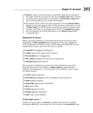 ⻬ Bureau : après l’arrivée au bureau, la première opération de la journée
est d’aller chercher une tasse de café dans le break room (brèïc rououm)
(local de pause), puis d’aller à votre bureau et check your e-mail (tchèc
ioue ii-méïl) (vérifier votre courrier électronique).
⻬ En général, seul le CEO et les cadres supérieurs ont des private offices
(praï-vet o-fi-siz [UK], praï-vet â-fi-siz [US]) (bureaux personnels). Le reste
du office staff (o-fis staf [UK], â-fis staf [US]) (personnel de bureau) peut
partager un bureau ou une grande pièce divisée en workspaces (oueek-
spéï-siz) (espaces de travail) individuels ou en cubicles (kiou-bi-kelz)
(compartiments).
Équipement de bureau
Même une petite entreprise est généralement pourvue de tous les types
imaginables d’office equipment (o-fis i-couip-ment [UK], â-fiz i-couip-ment
[US]) (équipement de bureau). Vous êtes probablement familiarisé avec les
équipements suivants, dont voici les noms en anglais :
⻬ computer (kem-piou-te) (ordinateur)
⻬ copier (co-pie [UK], câ-pie [US]) (copieur)
⻬ fax machine (fax me-chiin) (fax)
⻬ file cabinet (faïl ca-bi-net) (meuble de classement)
⻬ keyboard (kii-bôôd) (clavier)
Plus de papier ? Quelqu’un est parti avec votre distributeur de scotch ?
Regardez dans le tiroir du bureau, le supply cabinet (se-plaï ca-bi-nèt)
(armoire des fournitures) – ou le bureau de votre collègue ! – pour trouver
les objets suivants :
⻬ eraser (i-réï-ze) (gomme)
⻬ file folders (faïl feoul-dez [UK], faïl fôôl-dez [US]) (classeurs)
⻬ paper (péï-pe) (papier)
⻬ paperclips (péï-pe-clips) (trombones)
⻬ pen (pèn) (stylo)
⻬ pencil (pèn-sil) (crayon)
⻬ stapler (stéï-ple) (agrafeuse)
⻬ tape (téïp) (ruban adhésif)
À quel étage suis-je ?
Quand vous entrez dans un elevator (i-le-véï-te) (ascenseur) [en anglais
britannique, lift (lift)], vous risquez de vous retrouver au wrong floor (rogn
303
Chapitre 14 : Au travail
 