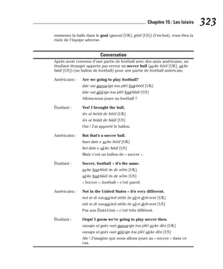 emmenez la balle dans le goal (gueoul [UK], gôôl [US]) (l’en-but), vous êtes la
risée de l’équipe adverse.
Conversation
Après avoir convenu d’une partie de football avec des amis américains, un
étudiant étranger apporte par erreur un soccer ball (so-ke bôôl [UK], sâ-ke
bââl [US]) (un ballon de football) pour une partie de football américain.
Américains : Are we going to play football?
ââe oui gueou-ign tou plèï fout-bôôl [UK]
ââe oui gôô-ign tou plèï fout-bââl [US]
Allons-nous jouer au football ?
Étudiant : Yes! I brought the ball.
iès aï brôôt de bôôl [UK]
iès aï brâât de bââl [US]
Oui ! J’ai apporté le ballon.
Américains : But that’s a soccer ball.
baet dats e so-ke bôôl [UK]
bet dats e sâ-ke bââl [US]
Mais c’est un ballon de « soccer ».
Étudiant : Soccer, football – it’s the same.
so-ke fout-bôôl its de séïm [UK]
sâ-ke fout-bââl its de séïm [US]
« Soccer », football – c’est pareil.
Américains : Not in the United States – it’s very different.
not in di iou-naï-ted stéïts its vè-ri di-fe-rent [UK]
nât in di iou-naï-ted stéïts its vè-ri di-fe-rent [US]
Pas aux États-Unis – c’est très différent.
Étudiant : Oops! I guess we’re going to play soccer then.
ououps aï guès ouir gueou-ign tou plèï so-ke dèn [UK]
ououps aï guès ouir gôô-ign tou plèï sâ-ke dèn [US]
Aïe ! J’imagine que nous allons jouer au « soccer » dans ce
cas.
323
Chapitre 15 : Les loisirs
 