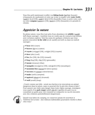 Vous êtes prêt maintenant à enfiler vos hiking boots (haï-kign bououts)
(chaussures de randonnée) et votre sac à dos, à remplir votre water bottle
(ouôô-te bo-tel [UK], ouââ-te bâ-tel [US]) (bouteille d’eau), à sortir votre carte
ou votre compass (caem-pes [UK], kem-pes [US]) (boussole) et à prendre le
chemin.
Apprécier la nature
En pleine nature, vous êtes tout près d’une abondance de wildlife (ouaïld-
laïf) (faune sauvage) – toutefois vous ne voulez pas de contacts trop intimes
avec certaines espèces. Voici les noms de quelques créatures que vous
pouvez rencontrer in the wild (in de ouaïld) (en forêt ou dans un endroit
sauvage) :
⻬ bear (bèe) (ours)
⻬ beaver (bii-ve) (castor)
⻬ coyote (coï-eou-ti [UK], coï-ôô-ti [US]) (coyote)
⻬ deer (diie) (cerf)
⻬ fox (fox [UK], fâx [US]) (renard)
⻬ frog (frog [UK], frâg [US]) (grenouille)
⻬ moose (mouous) (élan)
⻬ mosquito (mos-ki-teou [UK], mâs-ki-tôô [US]) (moustique)
⻬ mountain lion (maoun-tin laïen) (puma)
⻬ raccoon (re-cououn) (raton-laveur)
⻬ snake (snéïc) (serpent)
⻬ squirrel (skoui-rel) (écureuil)
⻬ wolf (woulf) (loup)
« Courir comme une folle » serait ma réaction si je rencontrais un animal
dangereux dans la nature, mais ce pourrait être la pire des choses à faire !
Pour assurer une visite sans danger dans toute région sauvage, renseignez-
vous auprès d’un park ranger (pââk réïn-dje) (gardien de parc) ou en
consultant un guide pour voir comment se comporter en cas de rencontre
avec des créatures potentiellement dangereuses.
Quand vous faites du camping, ne conservez jamais de nourriture à
l’intérieur de la tente – des visiteurs indésirables pourraient s’inviter à dîner
chez vous !
N
’
O
U
BLIEZPAS!
331
Chapitre 15 : Les loisirs
 