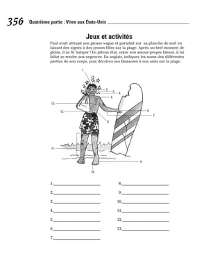Jeux et activités
Paul avait attrapé une grosse vague et paradait sur sa planche de surf en
faisant des signes à des jeunes filles sur la plage. Après un bref moment de
gloire, il se fit balayer ! En piteux état, outre son amour-propre blessé, il lui
fallut se rendre aux urgences. En anglais, indiquez les noms des différentes
parties de son corps, puis décrivez ses blessures à vos amis sur la plage.
356 Quatrième partie : Vivre aux États-Unis
13.
12.
2.
1.
3.
4.
5.
9.
8.
7.
6.
10.
11.
1.________________________
2.________________________
3.________________________
4.________________________
5.________________________
6.________________________
7.________________________
8.________________________
9.________________________
10.________________________
11.________________________
12.________________________
13.________________________
 