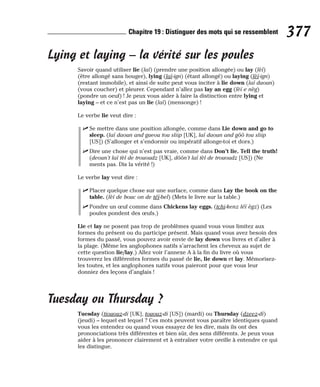 Lying et laying – la vérité sur les poules
Savoir quand utiliser lie (laï) (prendre une position allongée) ou lay (lèï)
(être allongé sans bouger), lying (laï-ign) (étant allongé) ou laying (lèï-ign)
(restant immobile), et ainsi de suite peut vous inciter à lie down (laï daoun)
(vous coucher) et pleurer. Cependant n’allez pas lay an egg (lèï e nèg)
(pondre un oeuf) ! Je peux vous aider à faire la distinction entre lying et
laying – et ce n’est pas un lie (laï) (mensonge) !
Le verbe lie veut dire :
⻬ Se mettre dans une position allongée, comme dans Lie down and go to
sleep. (laï daoun and gueou tou sliip [UK], laï daoun and gôô tou sliip
[US]) (S’allonger et s’endormir ou impératif allonge-toi et dors.)
⻬ Dire une chose qui n’est pas vraie, comme dans Don’t lie. Tell the truth!
(deoun’t laï tèl de trououdz [UK], dôôn’t laï tèl de trououdz [US]) (Ne
ments pas. Dis la vérité !)
Le verbe lay veut dire :
⻬ Placer quelque chose sur une surface, comme dans Lay the book on the
table. (lèï de bouc on de téï-bel) (Mets le livre sur la table.)
⻬ Pondre un œuf comme dans Chickens lay eggs. (tchi-kenz léï ègz) (Les
poules pondent des œufs.)
Lie et lay ne posent pas trop de problèmes quand vous vous limitez aux
formes du présent ou du participe présent. Mais quand vous avez besoin des
formes du passé, vous pouvez avoir envie de lay down vos livres et d’aller à
la plage. (Même les anglophones natifs s’arrachent les cheveux au sujet de
cette question lie/lay.) Allez voir l’annexe A à la fin du livre où vous
trouverez les différentes formes du passé de lie, lie down et lay. Mémorisez-
les toutes, et les anglophones natifs vous paieront pour que vous leur
donniez des leçons d’anglais !
Tuesday ou Thursday ?
Tuesday (tiououz-di [UK], tououz-di [US]) (mardi) ou Thursday (dzeez-di)
(jeudi) – lequel est lequel ? Ces mots peuvent vous paraître identiques quand
vous les entendez ou quand vous essayez de les dire, mais ils ont des
prononciations très différentes et bien sûr, des sens différents. Je peux vous
aider à les prononcer clairement et à entraîner votre oreille à entendre ce qui
les distingue.
377
Chapitre 19 : Distinguer des mots qui se ressemblent
 
