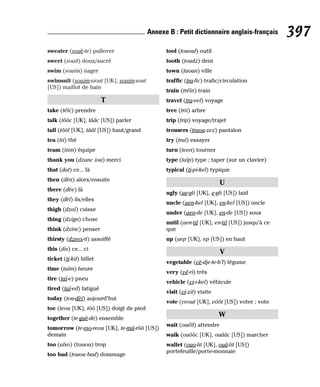 sweater (souè-te) pullover
sweet (souit) doux/sucré
swim (souim) nager
swimsuit (souim-siout [UK], souim-sout
[US]) maillot de bain
T
take (téïc) prendre
talk (tôôc [UK], tââc [US]) parler
tall (tôôl [UK], tââl [US]) haut/grand
tea (tii) thé
team (tiim) équipe
thank you (dzanc iou) merci
that (dat) ce... là
then (dèn) alors/ensuite
there (dèe) là
they (dèï) ils/elles
thigh (dzaï) cuisse
thing (dzign) chose
think (dzinc) penser
thirsty (dzees-ti) assoiffé
this (dis) ce... ci
ticket (ti-kit) billet
time (taïm) heure
tire (taï-e) pneu
tired (taï-ed) fatigué
today (tou-dèï) aujourd’hui
toe (teou [UK], tôô [US]) doigt de pied
together (te-guè-de) ensemble
tomorrow (te-mo-reou [UK], te-mâ-rôô [US])
demain
too (also) (touou) trop
too bad (touou bad) dommage
tool (tououl) outil
tooth (toudz) dent
town (taoun) ville
traffic (tra-fic) trafic/circulation
train (tréïn) train
travel (tra-vel) voyage
tree (trii) arbre
trip (trip) voyage/trajet
trousers (traou-zez) pantalon
try (traï) essayer
turn (teen) tourner
type (taïp) type ; taper (sur un clavier)
typical (ti-pi-kel) typique
U
ugly (ae-gli [UK], e-gli [US]) laid
uncle (aen-kel [UK], en-kel [US]) oncle
under (aen-de [UK], en-de [US]) sous
until (aen-til [UK], en-til [US]) jusqu’à ce
que
up (aep [UK], ep [US]) en haut
V
vegetable (vè-dje-te-b’l) légume
very (vé-ri) très
vehicle (vi-i-kel) véhicule
visit (vi-zit) visite
vote (veout [UK], vôôt [US]) voter ; vote
W
wait (ouéït) attendre
walk (ouôôc [UK], ouââc [US]) marcher
wallet (ouo-lit [UK], ouâ-lit [US])
portefeuille/porte-monnaie
397
Annexe B : Petit dictionnaire anglais-français
 