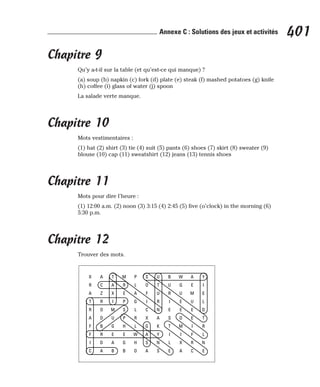 Chapitre 9
Qu’y a-t-il sur la table (et qu’est-ce qui manque) ?
(a) soup (b) napkin (c) fork (d) plate (e) steak (f) mashed potatoes (g) knife
(h) coffee (i) glass of water (j) spoon
La salade verte manque.
Chapitre 10
Mots vestimentaires :
(1) hat (2) shirt (3) tie (4) suit (5) pants (6) shoes (7) skirt (8) sweater (9)
blouse (10) cap (11) sweatshirt (12) jeans (13) tennis shoes
Chapitre 11
Mots pour dire l’heure :
(1) 12:00 a.m. (2) noon (3) 3:15 (4) 2:45 (5) five (o’clock) in the morning (6)
5:30 p.m.
Chapitre 12
Trouver des mots.
401
Annexe C : Solutions des jeux et activités
X
R
A
T
R
A
F
F
I
C
A
C
Z
R
O
D
B
R
D
A
T
A
X
I
M
U
G
E
A
B
M
R
E
P
S
P
H
E
G
B
P
L
A
G
L
R
L
W
H
O
S
O
F
I
C
X
G
A
S
A
U
T
U
R
N
A
K
Y
N
S
B
U
R
I
E
S
T
I
L
E
W
Q
U
E
E
O
M
I
X
A
A
E
M
U
E
E
I
F
R
C
Y
I
E
L
D
T
R
L
N
E
 