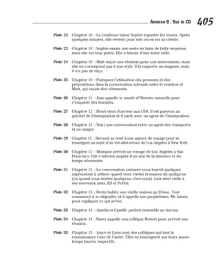 Piste 22 Chapitre 10 : La vendeuse laisse Sophie regarder les vestes. Après
quelques minutes, elle revient pour voir où en est sa cliente.
Piste 23 Chapitre 10 : Sophie essaie une veste en laine de taille moyenne,
mais elle est trop petite. Elle a besoin d’une autre taille.
Piste 24 Chapitre 10 : Matt reçoit une chemise pour son anniversaire, mais
elle ne correspond pas à son style. Il la rapporte au magasin, mais
il n’a pas de reçu.
Piste 25 Chapitre 10 : Pratiquez l’utilisation des pronoms et des
prépositions dans la conversation suivante entre le vendeur et
Matt, qui essaie des vêtements.
Piste 26 Chapitre 11 : Jean appelle le musée d’Histoire naturelle pour
s’enquérir des horaires.
Piste 27 Chapitre 12 : Henri vient d’arriver aux USA. Il est parvenu au
guichet de l’immigration et il parle avec un agent de l’immigration.
Piste 28 Chapitre 12 : Voici une conversation entre un agent des transports
et un usager.
Piste 29 Chapitre 12 : Bernard se rend à une agence de voyage pour se
renseigner au sujet d’un vol aller-retour de Los Angeles à New York.
Piste 30 Chapitre 12 : Monique prévoit un voyage de Los Angeles à San
Francisco. Elle s’informe auprès d’un ami de la distance et du
temps nécessaire.
Piste 31 Chapitre 13 : La conversation suivante vous fournit quelques
expressions à utiliser quand vous visitez la maison de quelqu’un
(ou quand vous invitez quelqu’un chez vous). Lois rend visite à
ses nouveaux amis, Ed et Portia.
Piste 32 Chapitre 13 : Devin habite une vieille maison qu’il loue. Tout
commence à se dégrader, et il appelle son propriétaire, Mr James,
pour expliquer ce qui arrive.
Piste 33 Chapitre 14 : Amelia et Camille parlent ensemble au bureau.
Piste 34 Chapitre 14 : Barry appelle son collègue Robert pour prévoir une
réunion.
Piste 35 Chapitre 15 : Joyce et Lynn sont des collègues qui font la
connaissance l’une de l’autre. Elles se renseignent sur leurs passe-
temps favoris respectifs.
405
Annexe D : Sur le CD
 