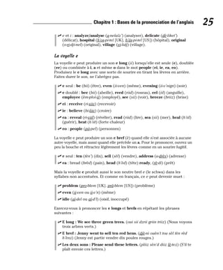 ⻬ e et i : analyze/analyse (a-nelaïz’) (analyser), delicate (dè-liket’)
(délicat), hospital (h’os-pi-tel [UK], h’âs-pi-tel [US]) (hôpital), original
(o-ri-dji-nel) (original), village (vi-lidj) (village).
La voyelle e
La voyelle e peut produire un son e long (ii) lorsqu’elle est seule (e), doublée
(ee) ou combinée à i, a et même o dans le mot people (ei, ie, ea, eo).
Produisez le e long avec une sorte de sourire en tirant les lèvres en arrière.
Faites durer le son, ne l’abrégez pas.
⻬ e seul : be (bii) (être), even (ii-ven) (même), evening (ii-v’nign) (soir)
⻬ e doublé : bee (bii) (abeille), reed (riid) (roseau), eel (iil) (anguille),
employee (èm-ploï-ii) (employé), see (sii) (voir), breeze (briiz) (brise)
⻬ ei : receive (ri-siiv) (recevoir)
⻬ ie : believe (bi-liiv) (croire)
⻬ ea : reveal (ri-viil) (révéler), read (riid) (lire), sea (sii) (mer), heal (h’iil)
(guérir), heat (h’iit) (forte chaleur)
⻬ eo : people (pii-pel) (personnes)
La voyelle e peut produire un son e bref (è) quand elle n’est associée à aucune
autre voyelle, mais aussi quand elle précède un a. Pour le prononcer, ouvrez un
peu la bouche et rétractez légèrement les lèvres comme en un sourire fugitif.
⻬ e seul : ten (tèn’) (dix), sell (sèl) (vendre), address (a-drès) (adresse)
⻬ ea : bread (brèd) (pain), head (h’èd) (tête) ready, (rè-di) (prêt)
Mais la voyelle e produit aussi le son neutre bref e (le schwa) dans les
syllabes non accentuées. Et comme en français, ce e peut devenir muet :
⻬ problem (pro-blem [UK]. prâ-blem [US]) (problème)
⻬ even (ii-ven ou ii-v’n) (même)
⻬ idle (aï-del ou aï-d’l) (oisif, inoccupé)
Exercez-vous à prononcer les e longs et brefs en répétant les phrases
suivantes :
⻬ E long : We see three green trees. (oui sii dzrii griin triiz) (Nous voyons
trois arbres verts.)
⻬ E bref : Jenny went to sell ten red hens. (djè-ni ouèn’t tou sèl tèn rèd
h’ènz) (Jenny est partie vendre dix poules rouges.)
⻬ Les deux sons : Please send these letters. (pliiz sèn’d diiz lè-tez) (S’il te
plaît envoie ces lettres.)
25
Chapitre 1 : Bases de la prononciation de l’anglais
 
