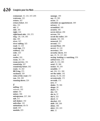 restaurant, 16, 123, 187–209
restroom, 122
return, 267
return ticket, 263
rice, 191
rid, 12
ride, 385
right, 124
right-hand side, 130, 272
ring, 136, 138, 385
rise, 385
river, 327
river rafting, 325
road, 12, 124
road sign, 272
robbery, 336
robe, 223
rod, 12
roofer, 293
room, 28, 178
room service, 181
round-trip, 267
round-trip ticket, 262
route, 16, 262
RR X-ing, 273
rucksack, 328
rules of the road, 272
run, 336, 385
running shoes, 224
S
sailing, 325
saisons, 102
salad, 191
salary, 306
salesperson, 227, 300
salt, 217
salt shaker, 192
saltcellar, 192
salutations, 69–76
sand, 325
sandals, 223
sausage, 189
say, 23, 385
scene, 23
schedule an appointment, 309
science, 16
scrambled, 189
scratch, 346
screw driver, 296
screws, 296
scrub the toilet, 289
season, 102, 103
seaweed, 332
second, 173
second floor, 280
secret, 16, 118
secretary, 299
security check, 264
see, 25, 76, 127, 385
seeing, looking ou watching, 376
self-service, 274
sell, 25, 212, 385
send, 25, 386
senior, 90, 244
sensible, 17
set, 284, 311, 386
set the table, 192
seven, 54, 60, 242
seventeenth, 173
seventh, 173
sew, 27
shake, 78, 386
shape, 89
shat’s, 74
she, 348
she is, 37
she’s, 333
sheet, 12
sherbet, 205
shift, 306, 309
shine, 386
shirt, 222, 223
shit, 12
426 L’anglais pour les Nuls
 