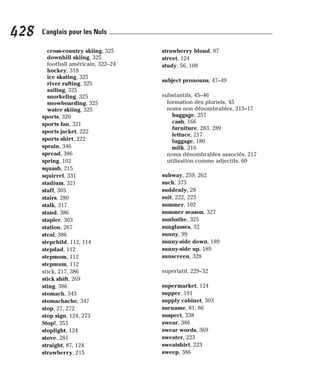 cross-country skiing, 325
downhill skiing, 325
football américain, 322–24
hockey, 318
ice skating, 325
river rafting, 325
sailing, 325
snorkeling, 325
snowboarding, 325
water skiing, 325
sports, 320
sports fan, 321
sports jacket, 222
sports shirt, 222
sprain, 346
spread, 386
spring, 102
squash, 215
squirrel, 331
stadium, 321
staff, 305
stairs, 280
stalk, 217
stand, 386
stapler, 303
station, 267
steal, 386
stepchild, 112, 114
stepdad, 112
stepmom, 112
stepmum, 112
stick, 217, 386
stick shift, 269
sting, 386
stomach, 343
stomachache, 347
stop, 27, 272
stop sign, 124, 273
Stop!, 353
stoplight, 124
stove, 281
straight, 87, 124
strawberry, 215
strawberry blond, 87
street, 124
study, 56, 108
subject pronouns, 47–49
substantifs, 45–46
formation des pluriels, 45
noms non dénombrables, 215–17
baggage, 257
cash, 166
furniture, 283, 289
lettuce, 217
luggage, 180
milk, 216
noms dénombrables associés, 217
utilisation comme adjectifs, 60
subway, 259, 262
such, 373
suddenly, 28
suit, 222, 223
summer, 102
summer season, 327
sunbathe, 325
sunglasses, 32
sunny, 99
sunny-side down, 189
sunny-side up, 189
sunscreen, 328
superlatif, 229–32
supermarket, 124
supper, 191
supply cabinet, 303
surname, 81, 86
suspect, 338
swear, 386
swear words, 369
sweater, 223
sweatshirt, 223
sweep, 386
428 L’anglais pour les Nuls
 
