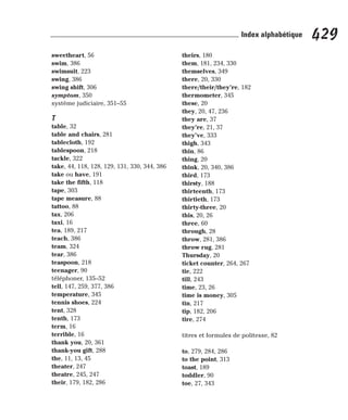 sweetheart, 56
swim, 386
swimsuit, 223
swing, 386
swing shift, 306
symptom, 350
système judiciaire, 351–55
T
table, 32
table and chairs, 281
tablecloth, 192
tablespoon, 218
tackle, 322
take, 44, 118, 128, 129, 131, 330, 344, 386
take ou have, 191
take the fifth, 118
tape, 303
tape measure, 88
tattoo, 88
tax, 206
taxi, 16
tea, 189, 217
teach, 386
team, 324
tear, 386
teaspoon, 218
teenager, 90
téléphoner, 135–52
tell, 147, 259, 377, 386
temperature, 345
tennis shoes, 224
tent, 328
tenth, 173
term, 16
terrible, 16
thank you, 20, 361
thank-you gift, 288
the, 11, 13, 45
theater, 247
theatre, 245, 247
their, 179, 182, 286
theirs, 180
them, 181, 234, 330
themselves, 349
there, 20, 330
there/their/they’re, 182
thermometer, 345
these, 20
they, 20, 47, 236
they are, 37
they’re, 21, 37
they’ve, 333
thigh, 343
thin, 86
thing, 20
think, 20, 340, 386
third, 173
thirsty, 188
thirteenth, 173
thirtieth, 173
thirty-three, 20
this, 20, 26
three, 60
through, 28
throw, 281, 386
throw rug, 281
Thursday, 20
ticket counter, 264, 267
tie, 222
till, 243
time, 23, 26
time is money, 305
tin, 217
tip, 182, 206
tire, 274
titres et formules de politesse, 82
to, 279, 284, 286
to the point, 313
toast, 189
toddler, 90
toe, 27, 343
429
Index alphabétique
 